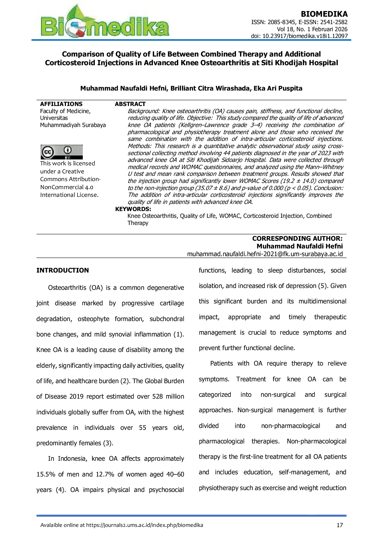 JURIS Comparison of Quality of Life Between Combined Therapy and Additional Corticosteroid Injections in Advanced Knee Osteoarthritis at Siti Khodijah Hospital