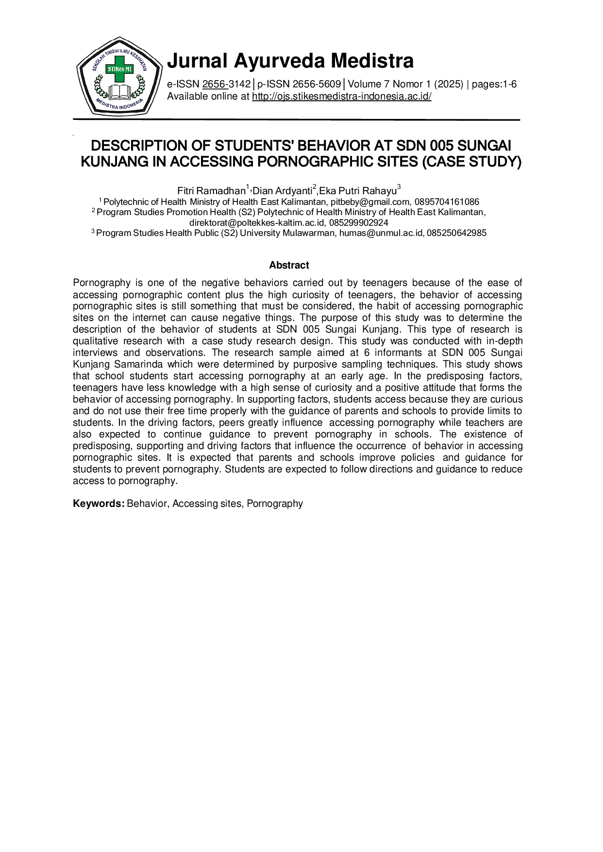 JURIS Description of Students Behavior at SDN 005 Sungai Kunjang in Accessing Pornographic Sites Case Study