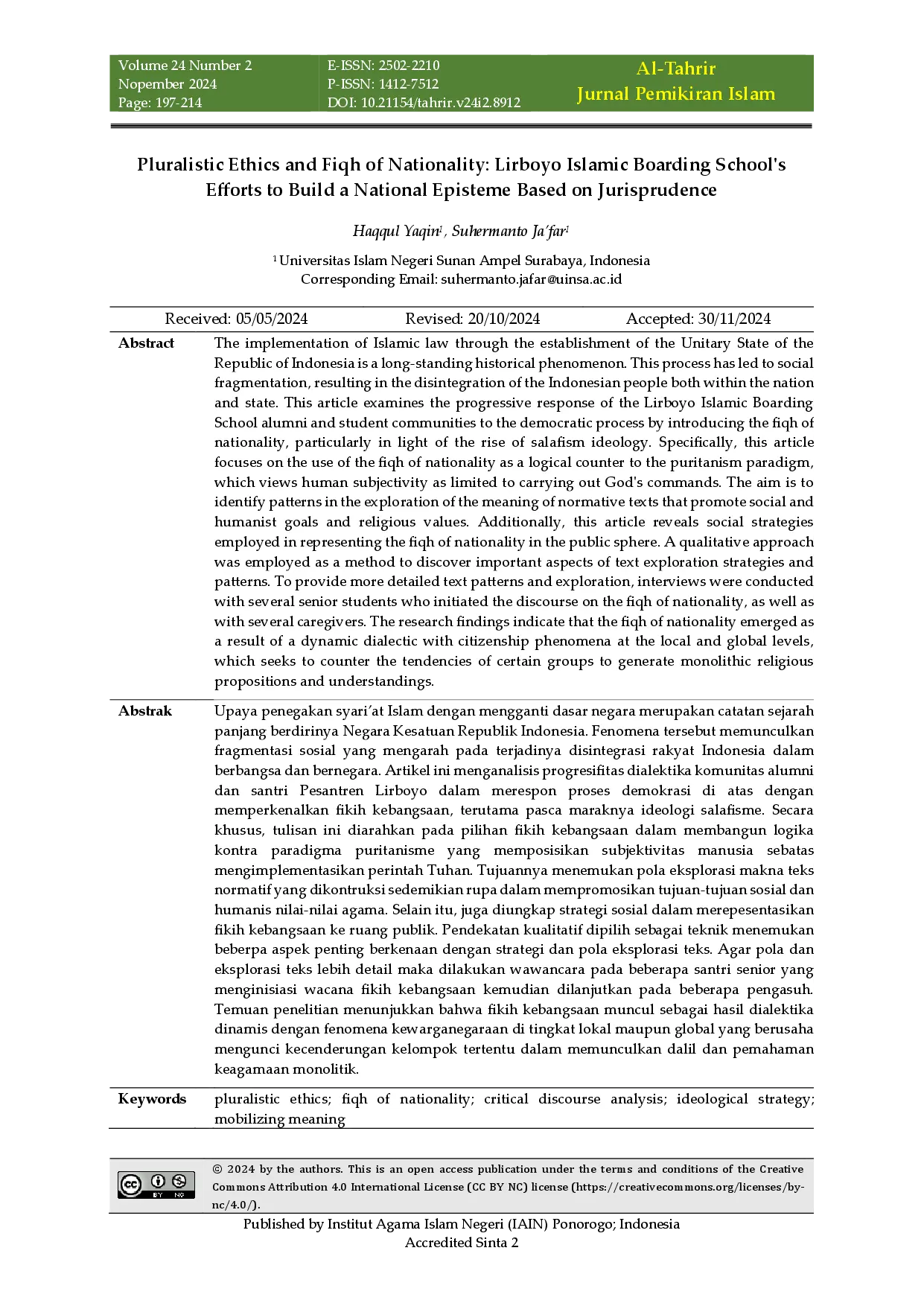juris Pluralistic Ethics and Fiqh of Nationality Lirboyo Islamic Boarding School s Efforts to Build a National Episteme Based on Jurisprudence