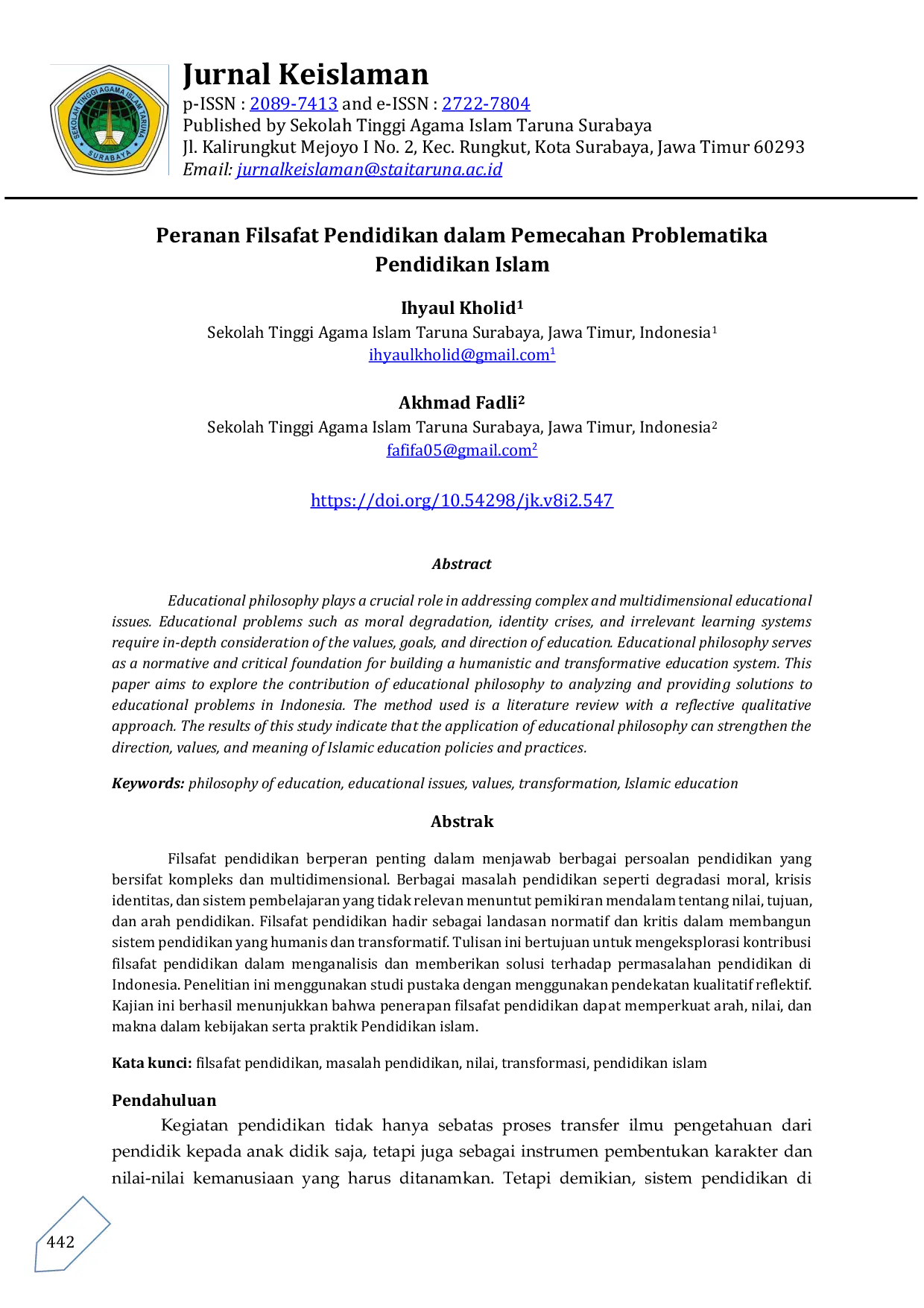 JURIS Peranan Filsafat Pendidikan dalam Pemecahan Problematika Pendidikan Islam