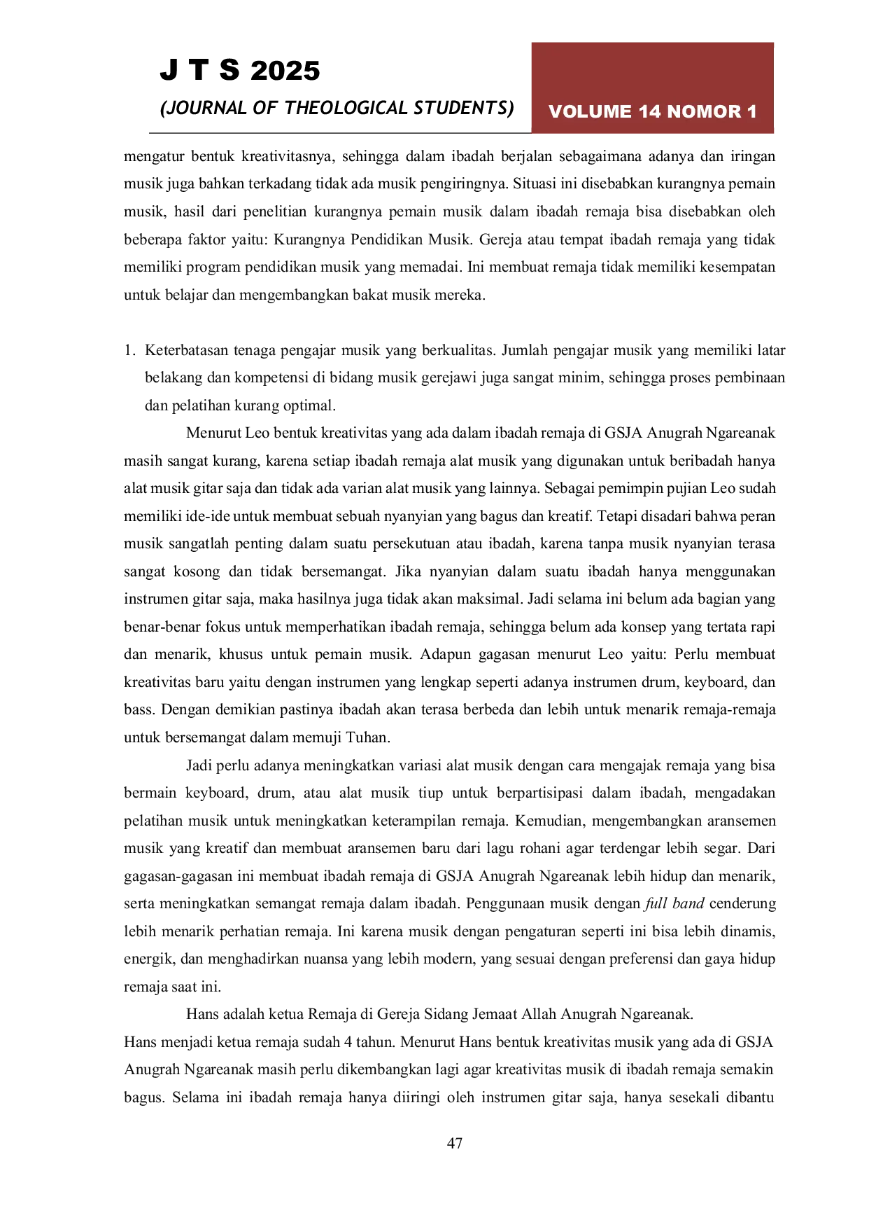 JURIS Kreativitas Musik dalam Ibadah Remaja di Gereja Sidang Jemaat Allah Anugerah Ngareanak