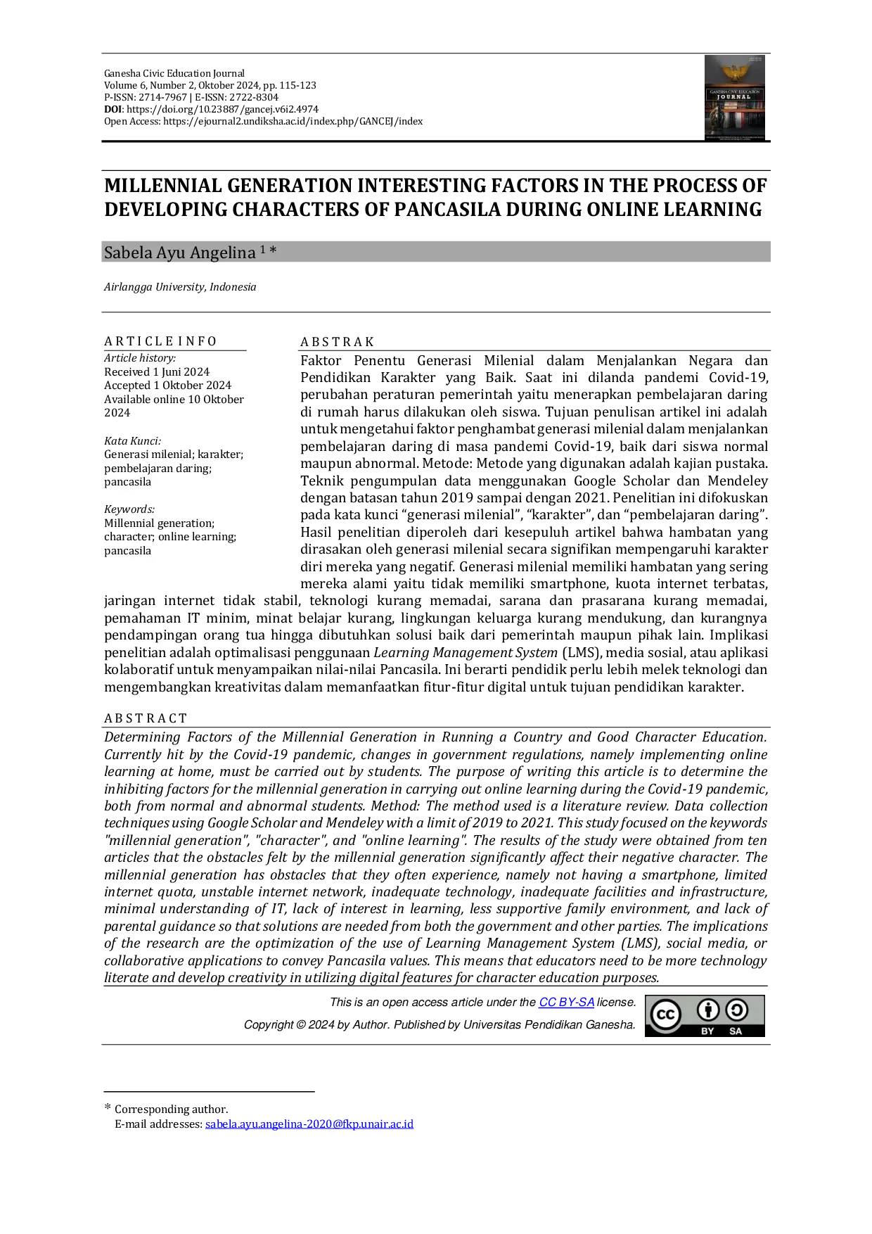 JURIS Millennial Generation Interesting Factors in the Process of Developing Characters of Pancasila During Online Learning