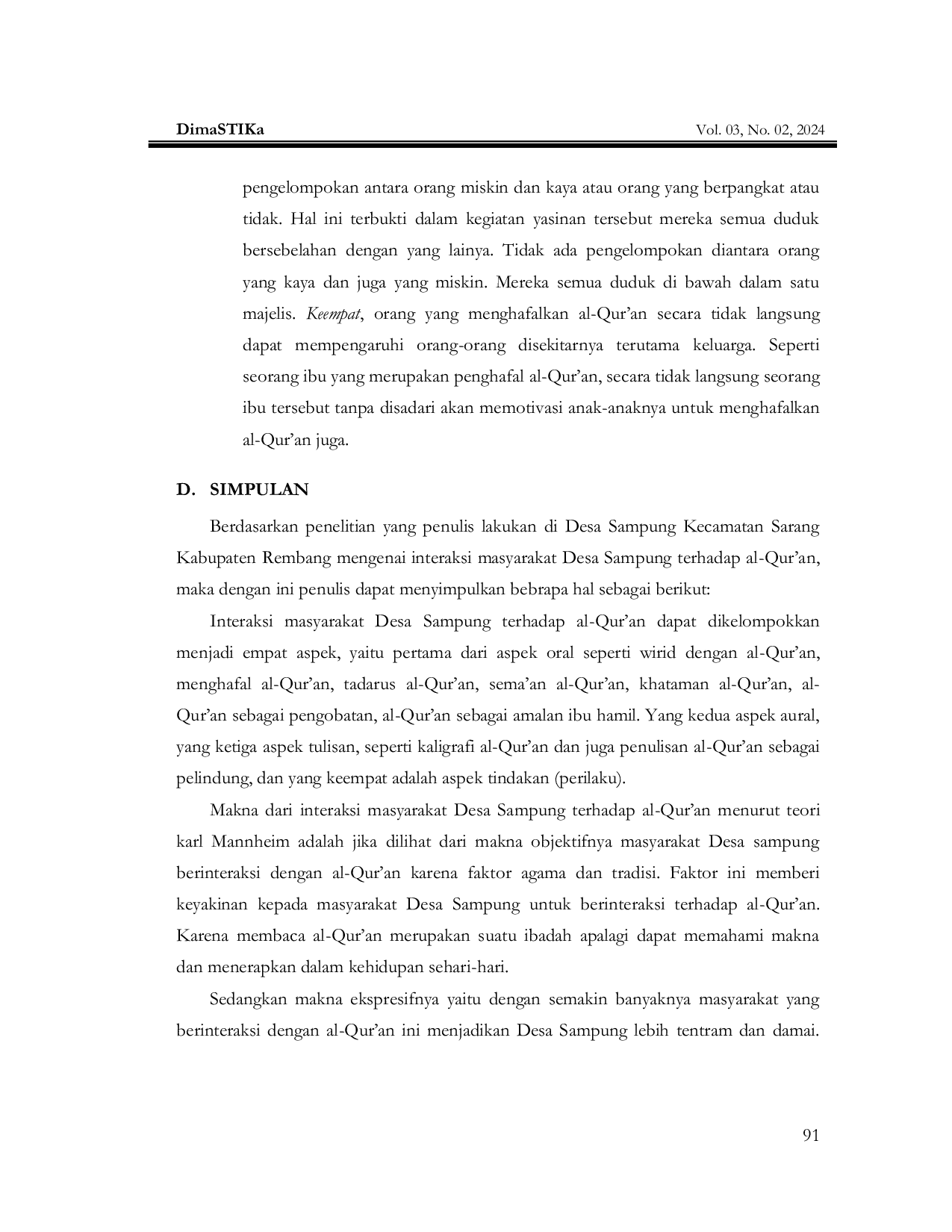 JURIS The Interaction and Reception of the Qur an People at Sampung Village Living Study of the Qur an at Sampung Village Sarang Rembang District