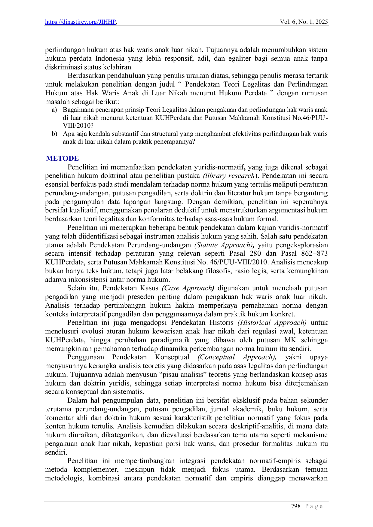 JURIS Pendekatan Teori Legalitas dan Perlindungan Hukum atas Hak Waris Anak di Luar Nikah menurut Hukum Perdata