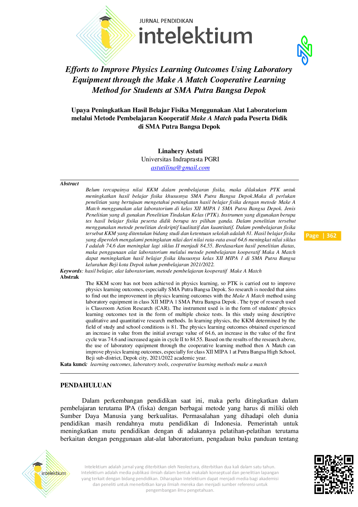 JURIS Efforts To Improve Physics Learning Outcomes Using Laboratory Equipment Through The Make A Match Cooperative Learning Method For Students At Sma Putra Bangsa Depok