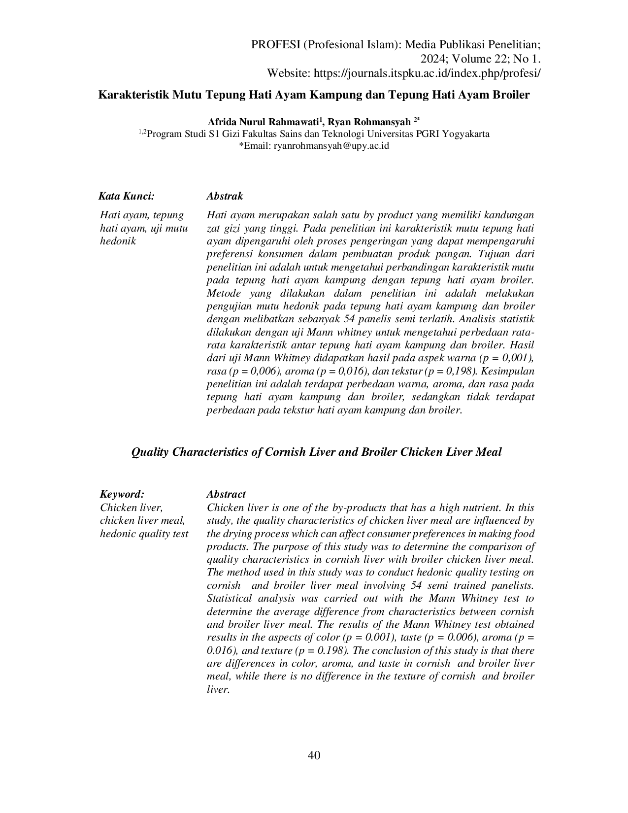 JURIS Karakteristik Mutu Tepung Hati Ayam Kampung dan Tepung Hati Ayam Broiler