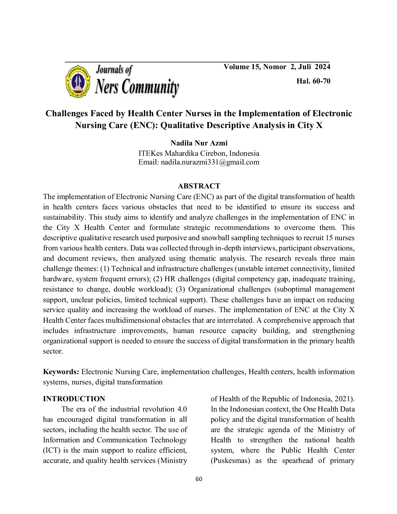 JURIS Challenges Faced by Health Center Nurses in the Implementation of Electronic Nursing Care ENC Qualitative Descriptive Analysis in City X