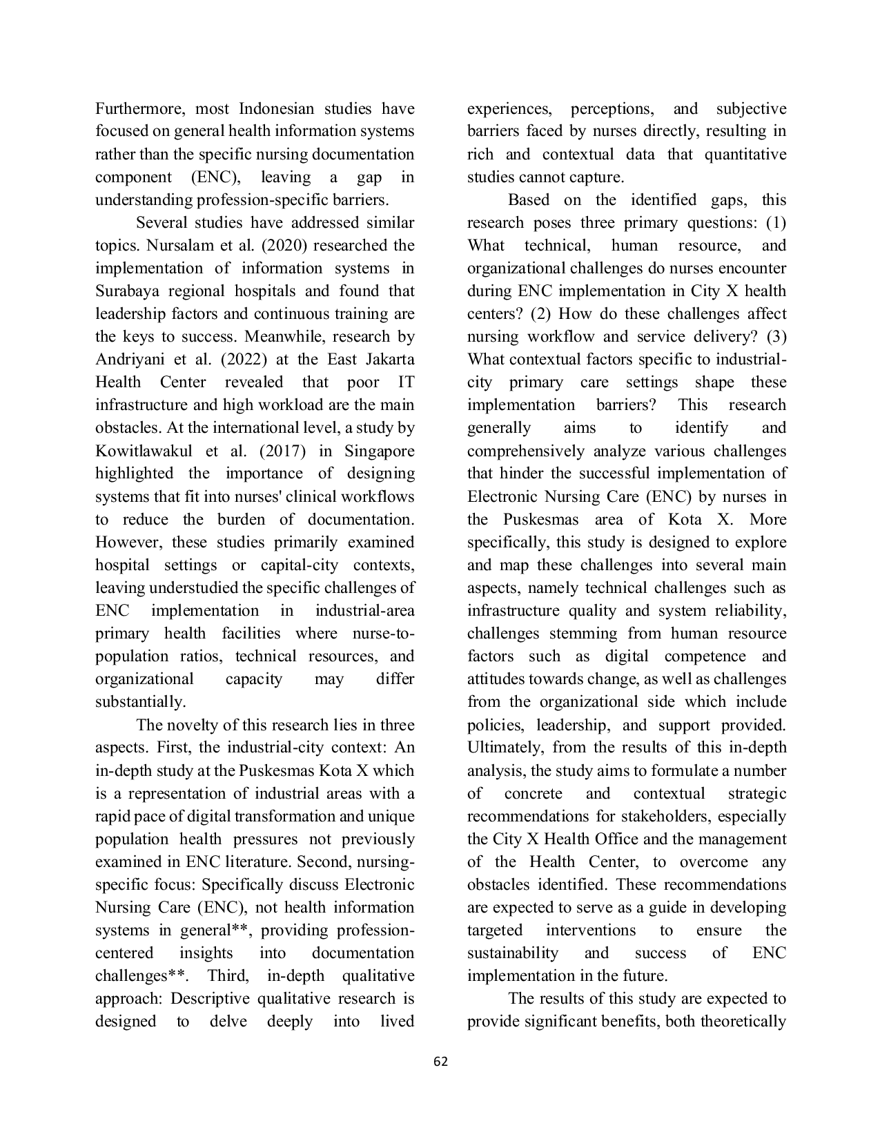 JURIS Challenges Faced by Health Center Nurses in the Implementation of Electronic Nursing Care ENC Qualitative Descriptive Analysis in City X