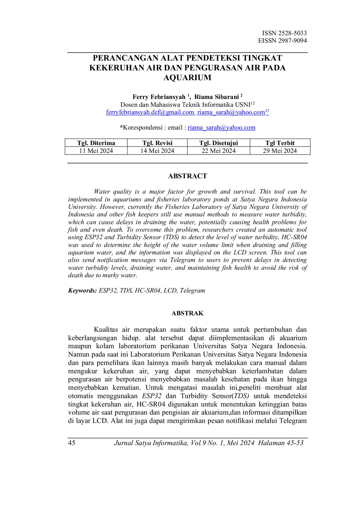 JURIS Perancangan Alat Pendeteksi Tingkat Kekeruhan Air dan Pengurasan Air Pada Akuarium