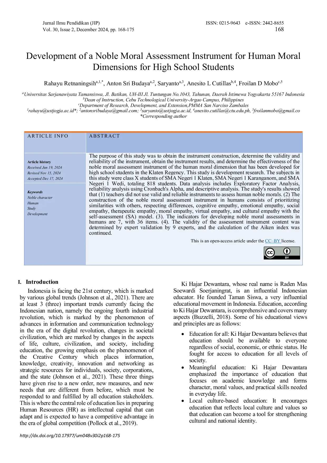 JURIS Development of a Noble Moral Assessment Instrument for Human Moral Dimensions for High School Students