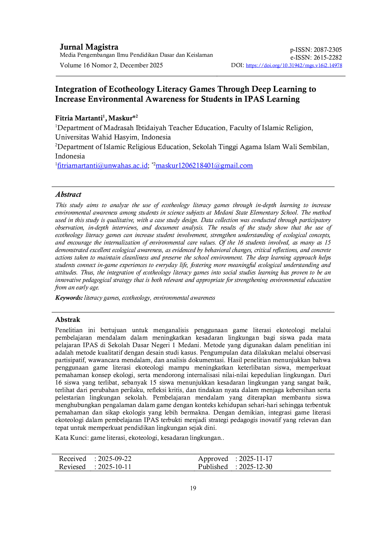 JURIS Integration of Ecotheology Literacy Games Through Deep Learning to Increase Environmental Awareness for Students in IPAS Learning
