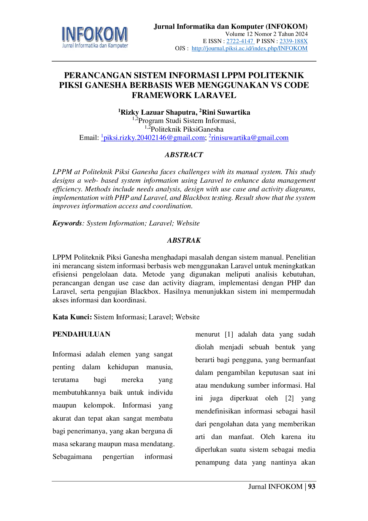 JURIS Perancangan Sistem Informasi LPPM Politeknik Piksi Ganesha Berbasis Web Menggunakan VS Code Framework Laravel