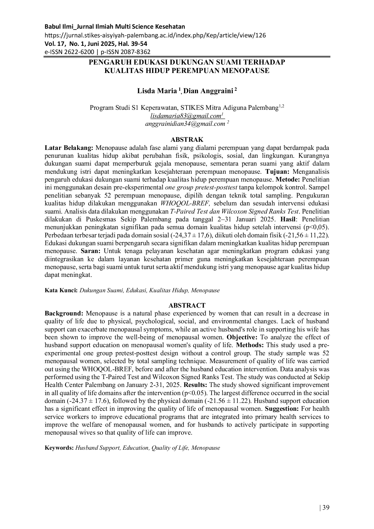 JURIS Pengaruh Edukasi Dukungan Suami Terhadap Kualitas Hidup Perempuan Menopause