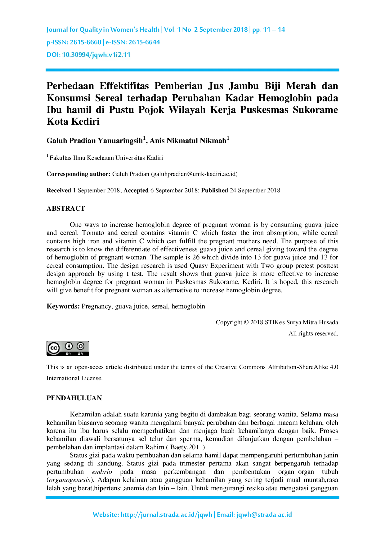 JURIS Perbedaan Effektifitas Pemberian Jus Jambu Biji Merah dan Konsumsi Sereal terhadap Perubahan Kadar Hemoglobin pada Ibu hamil di Pustu Pojok Wilayah Kerja Puskesmas Sukorame Kota Kediri