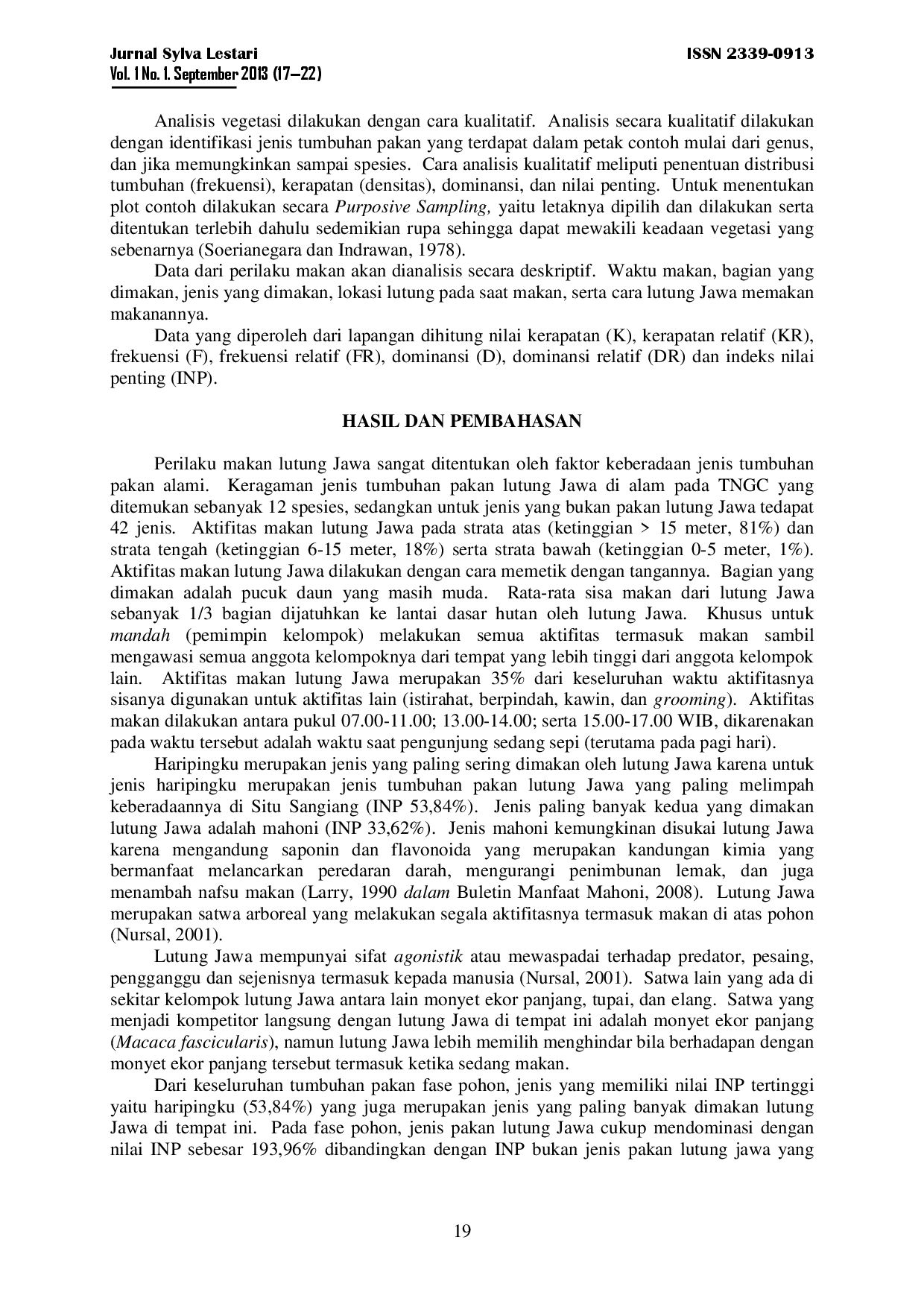 juris Studi Perilaku Makan Dan Analisis Vegetasi Pakan Lutung Jawa Trachypithecus Auratus Di Taman Nasional Gunung Ciremai