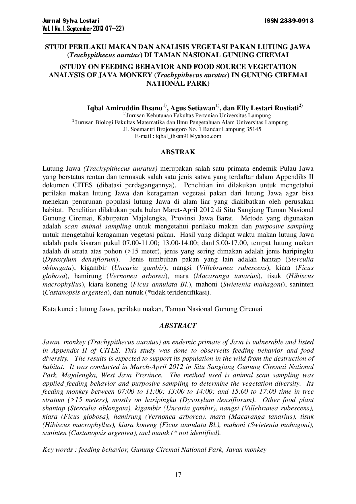juris Studi Perilaku Makan Dan Analisis Vegetasi Pakan Lutung Jawa Trachypithecus Auratus Di Taman Nasional Gunung Ciremai