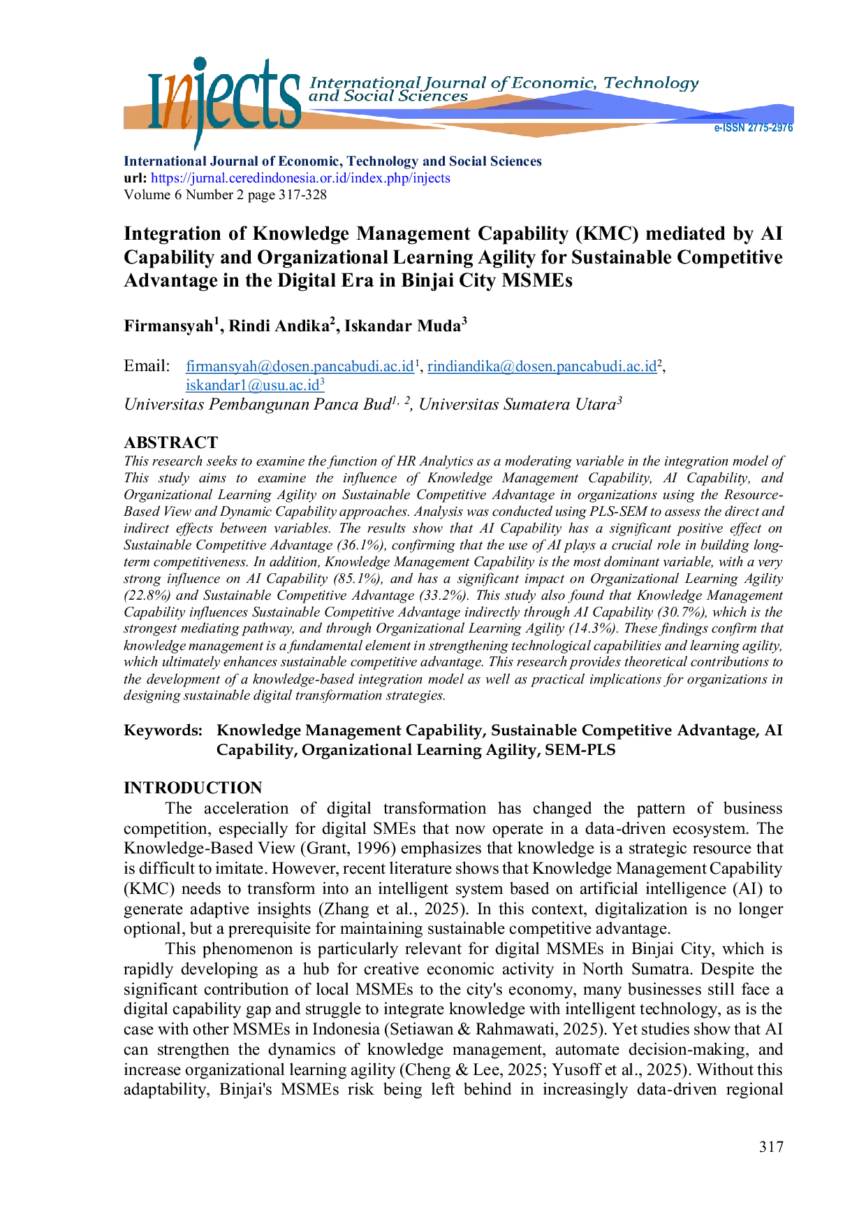 JURIS Integration of Knowledge Management Capability KMC mediated by AI Capability and Organizational Learning Agility for Sustainable Competitive Advantage in the Digital Era in Binjai City MSMEs