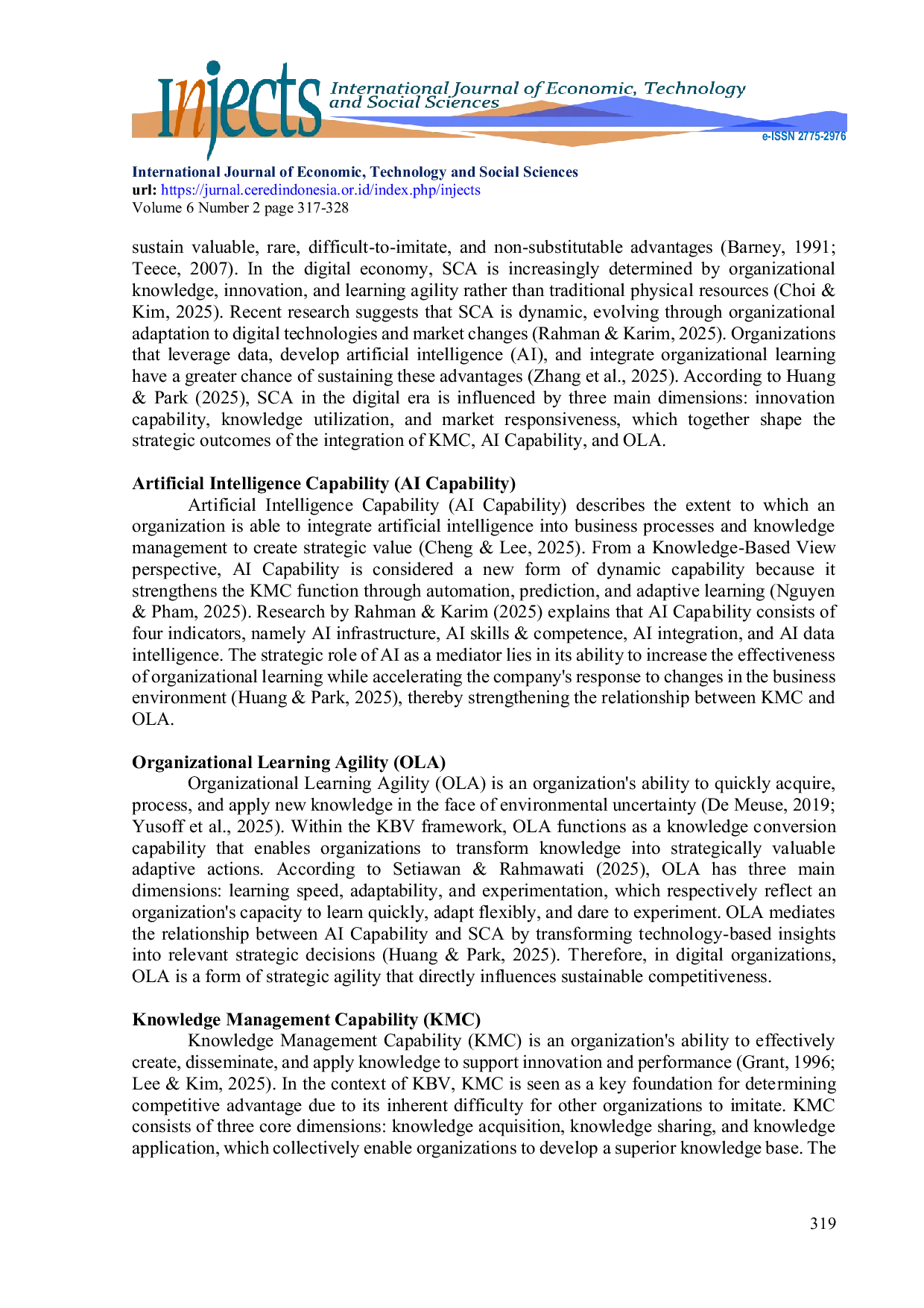 JURIS Integration of Knowledge Management Capability KMC mediated by AI Capability and Organizational Learning Agility for Sustainable Competitive Advantage in the Digital Era in Binjai City MSMEs