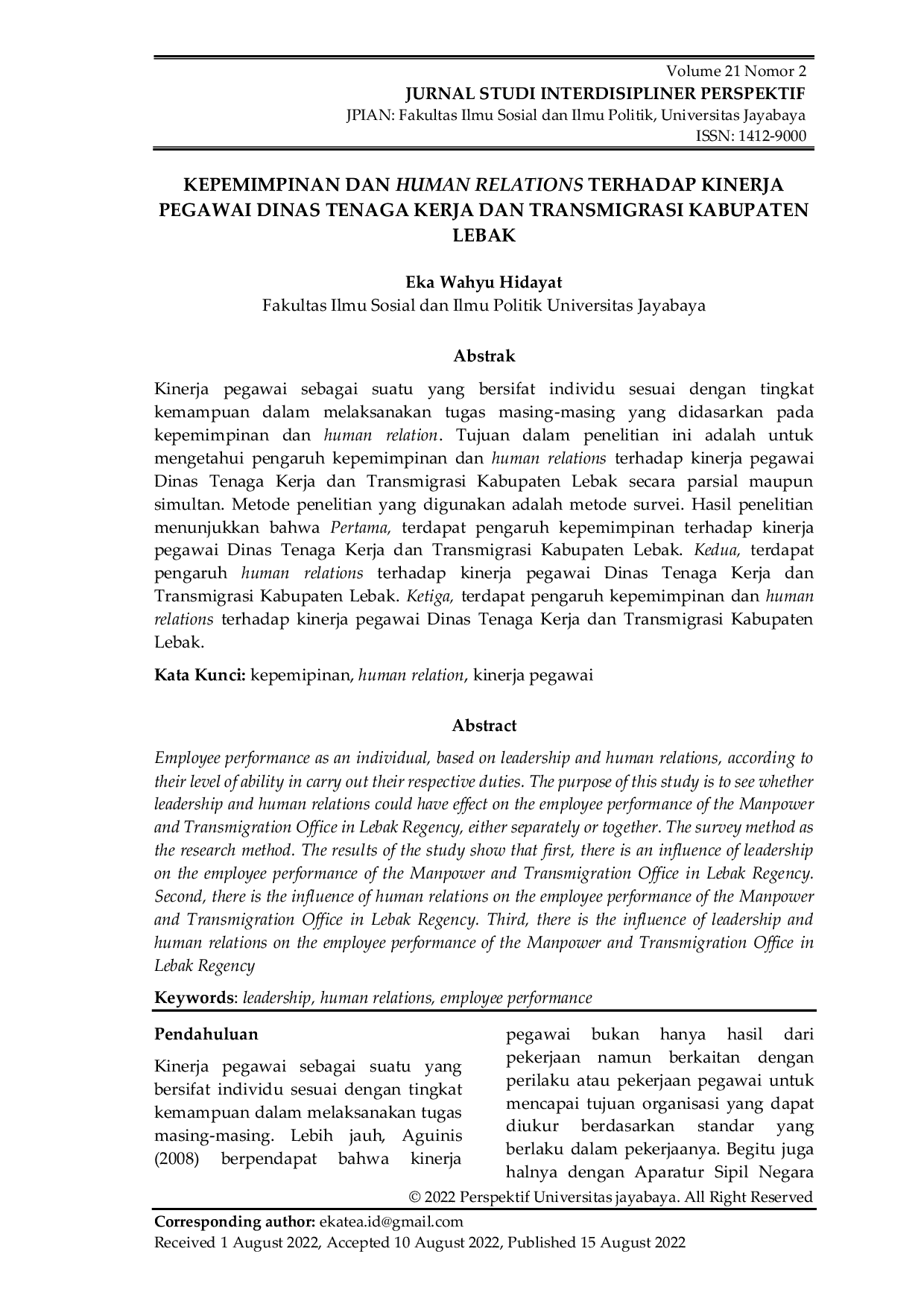 JURIS Kepemimpinan dan Human Relations Terhadap Kinerja Pegawai Dinas Tenaga Kerja dan Transmigrasi Kabupaten Lebak