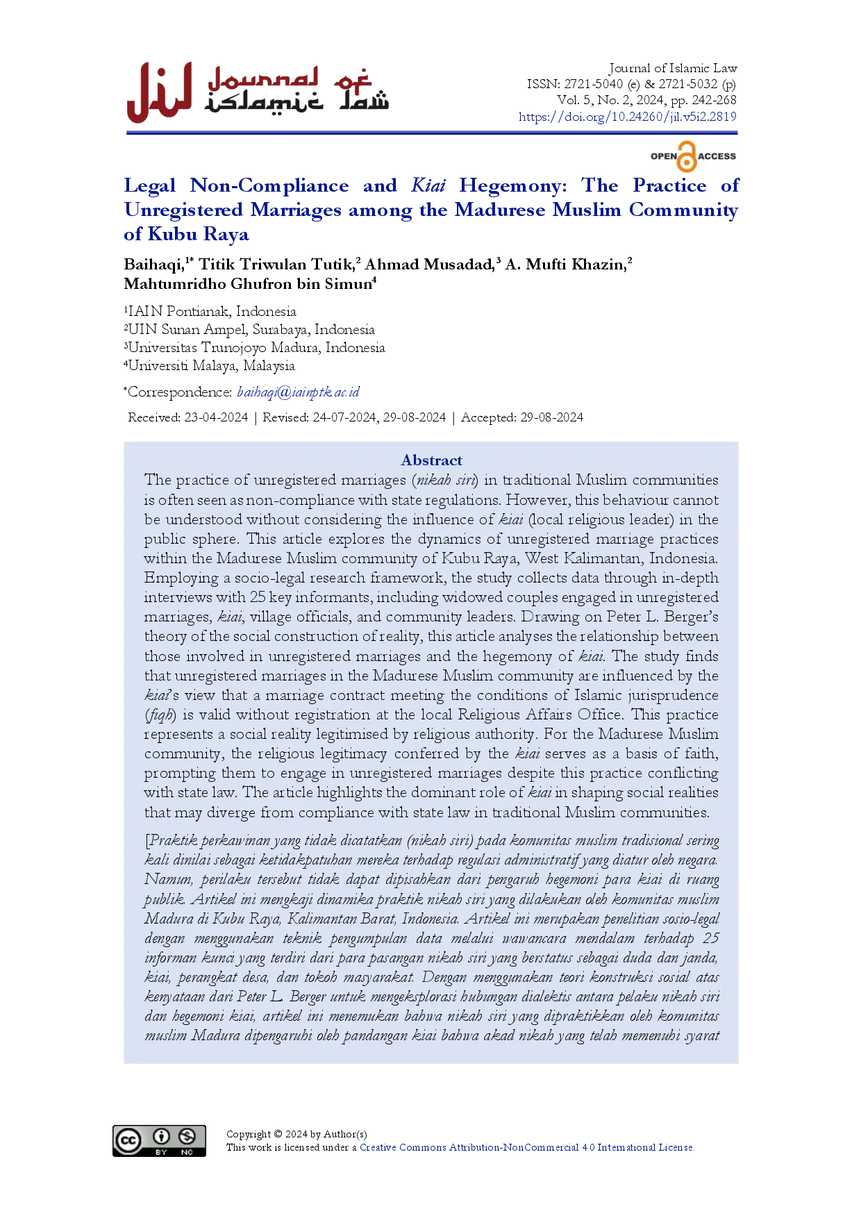 juris Legal Non Compliance and Kiai Hegemony The Practice of Unregistered Marriages among the Madurese Muslim Community of Kubu Raya