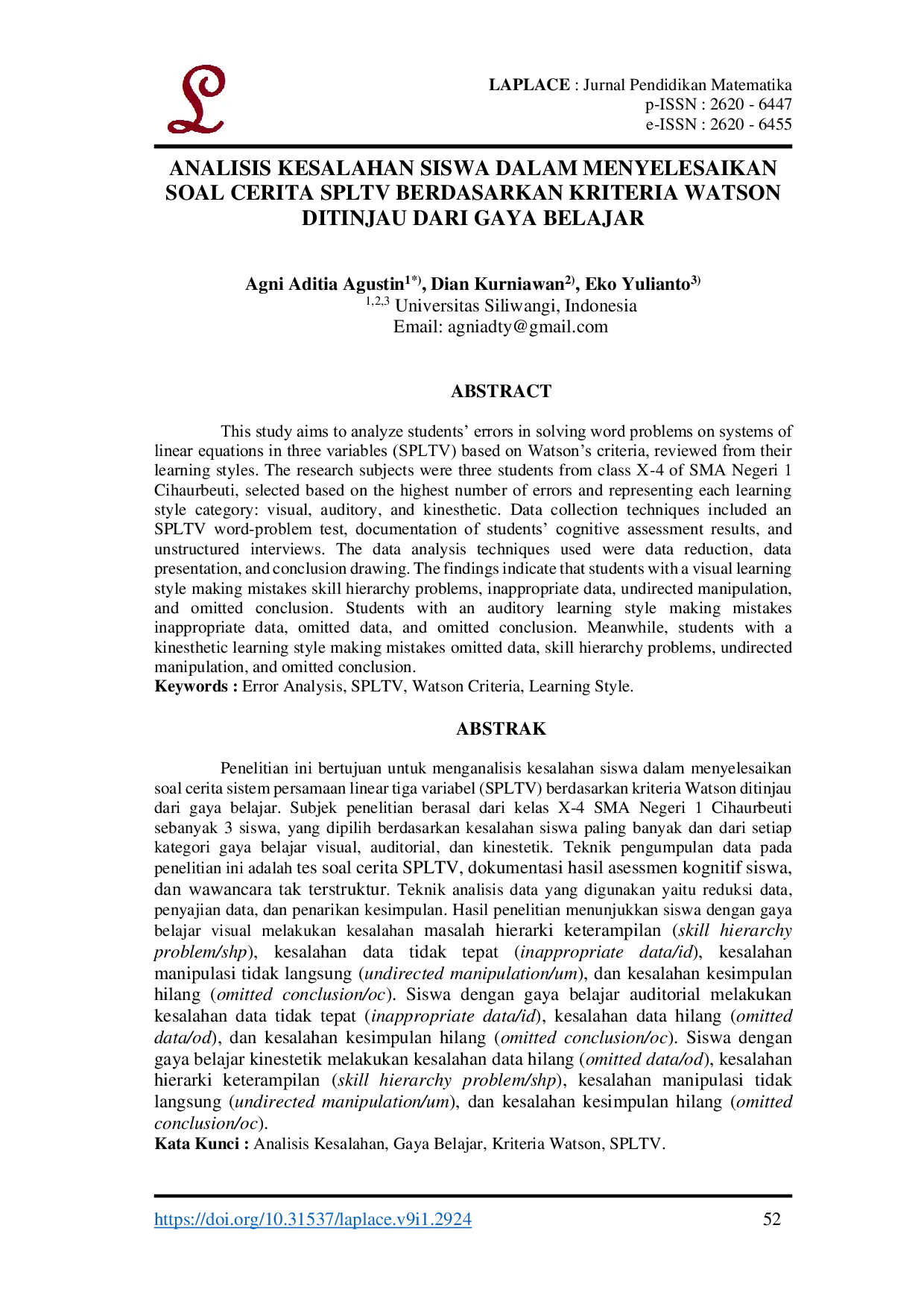 JURIS Analisis Kesalahan Siswa dalam Menyelesaikan Soal Cerita SPLTV Berdasarkan Kriteria Watson Ditinjau dari Gaya Belajar