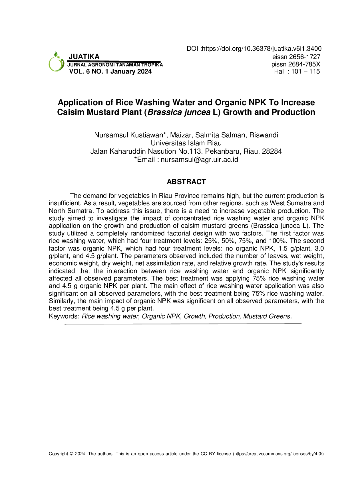 JURIS Application of Rice Washing Water and Organic NPK To Increase Caisim Mustard Plant Brassica juncea L Growth and Production