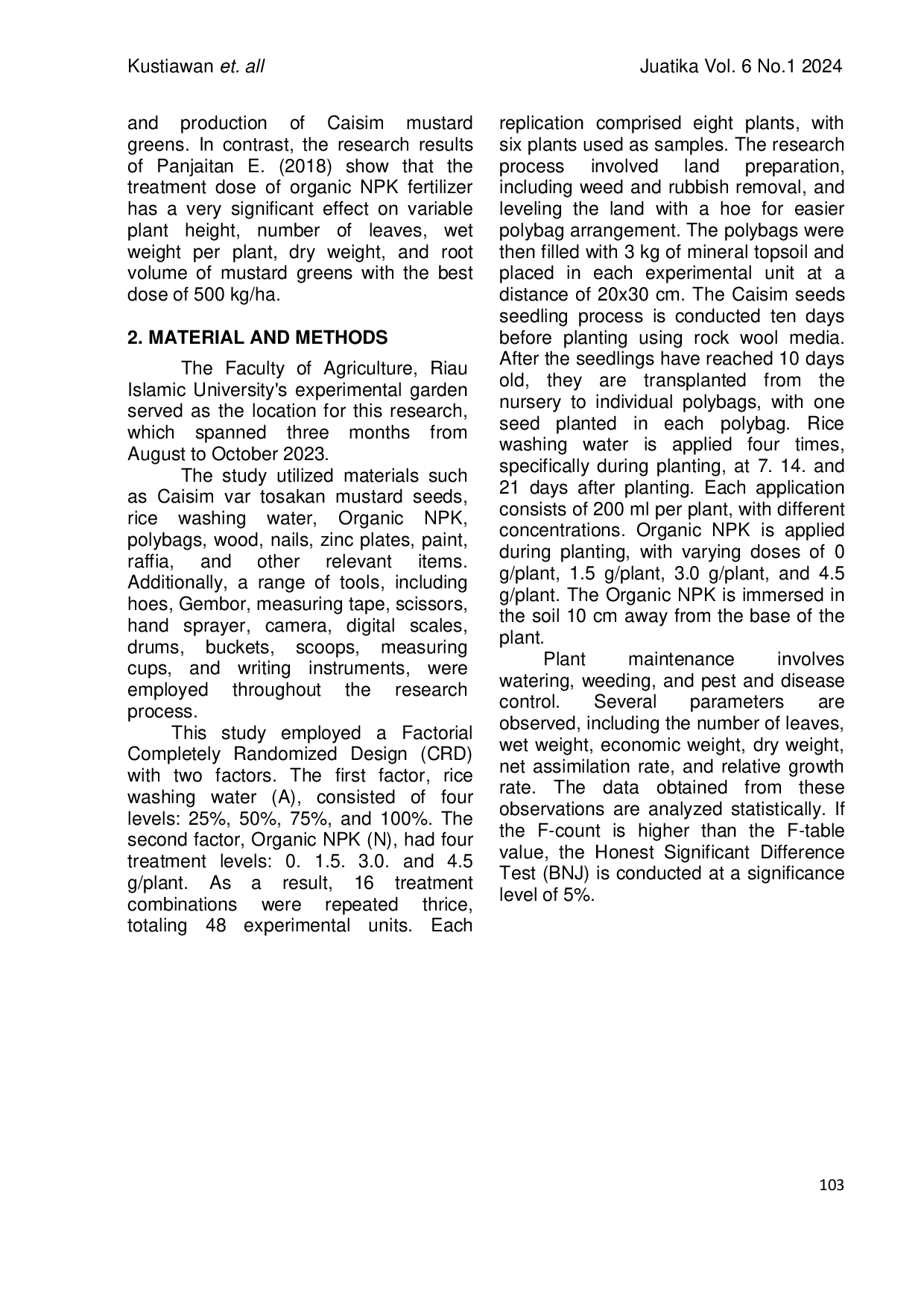 JURIS Application of Rice Washing Water and Organic NPK To Increase Caisim Mustard Plant Brassica juncea L Growth and Production