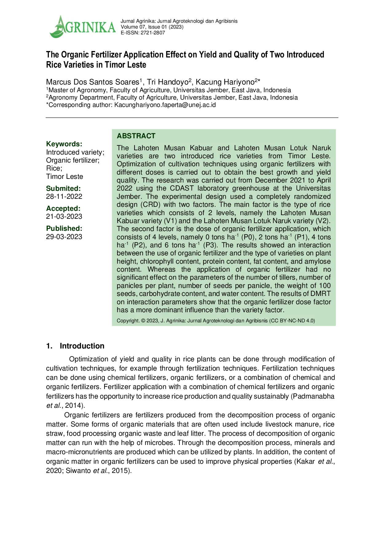 JURIS The Organic Fertilizer Application Effect on Yield and Quality of Two Introduced Rice Varieties in Timor Leste