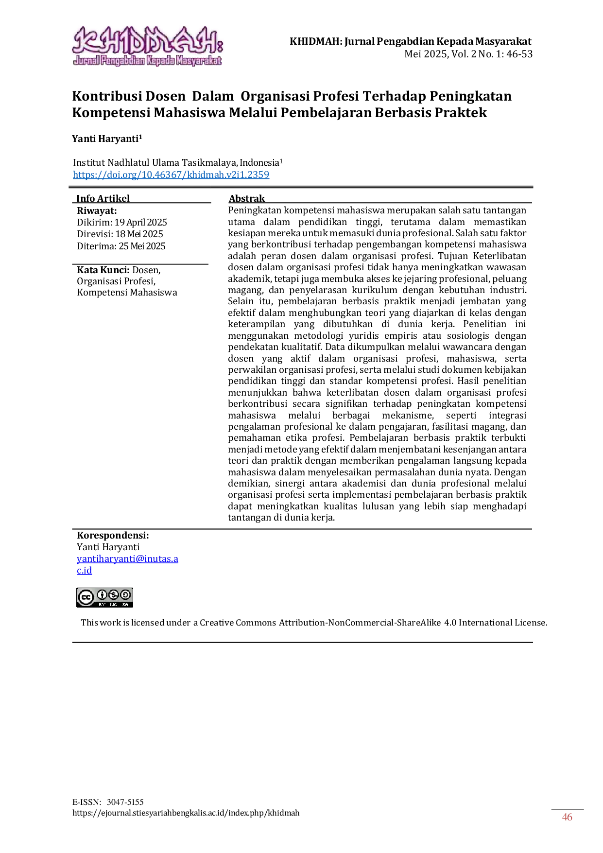 JURIS Kontribusi Dosen Dalam Organisasi Profesi Terhadap Peningkatan Kompetensi Mahasiswa Melalui Pembelajaran Berbasis Praktek