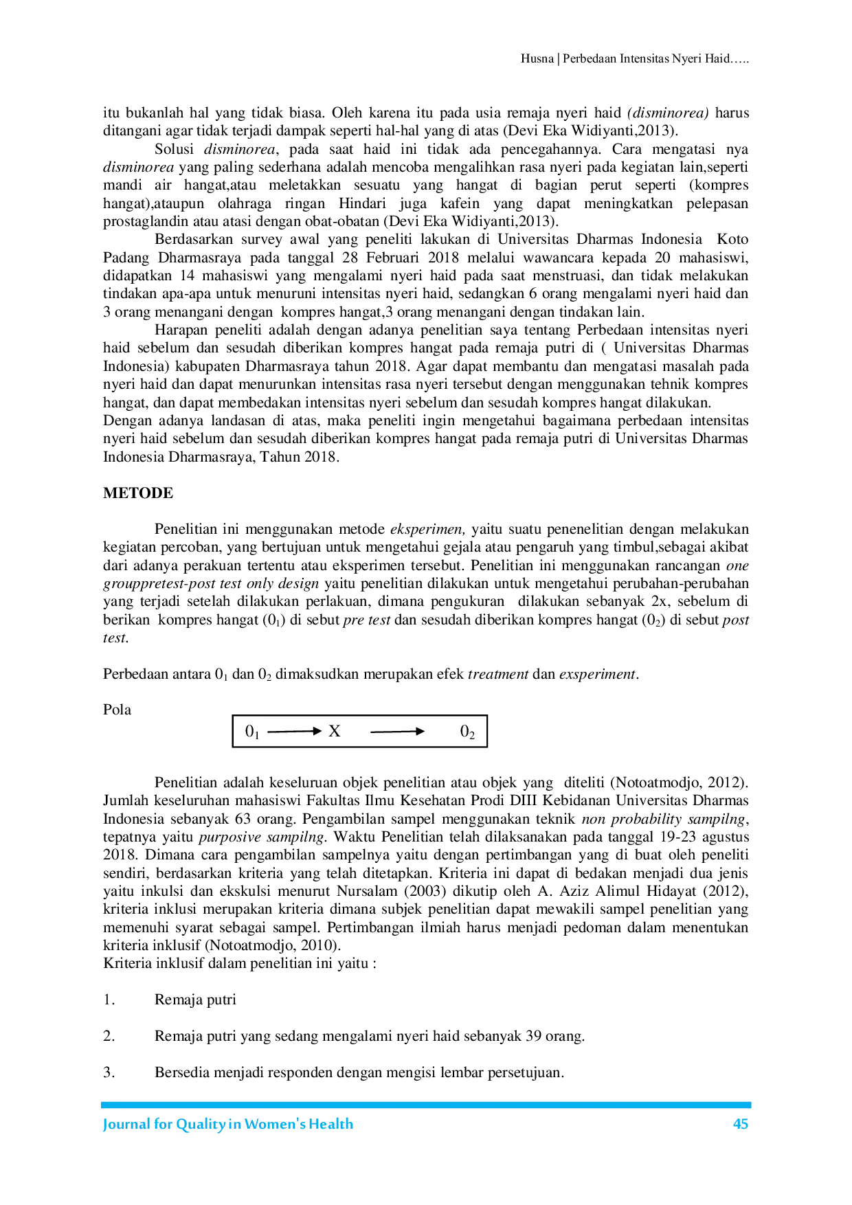 JURIS Perbedaan Intensitas Nyeri Haid Sebelum dan Sesudah Diberikan Kompres Hangat pada Remaja Putri di Universitas Dharmas Indonesia