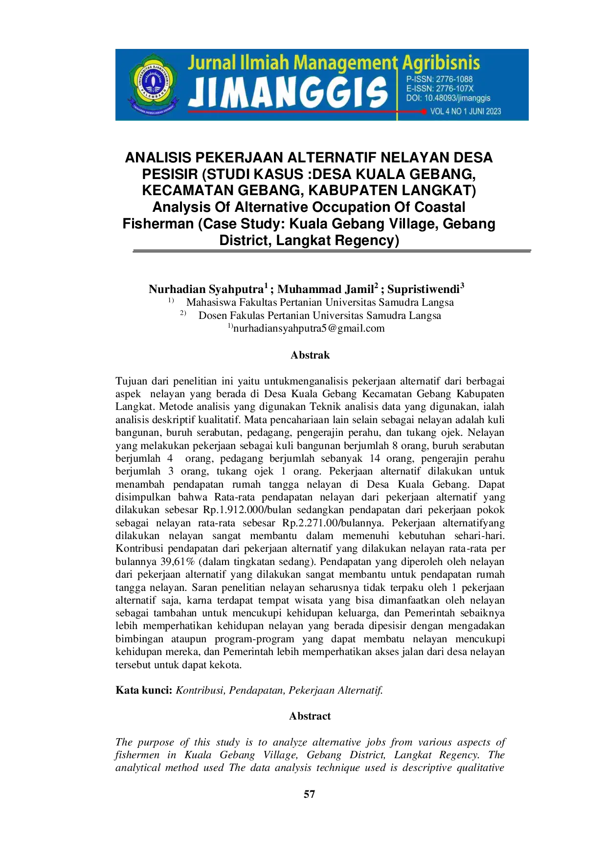 JURIS Analisis Pekerjaan Alternatif Nelayan Desa Pesisir Studi Kasus Desa Kuala Gebang Kecamatan Gebang Kabupaten Langkat