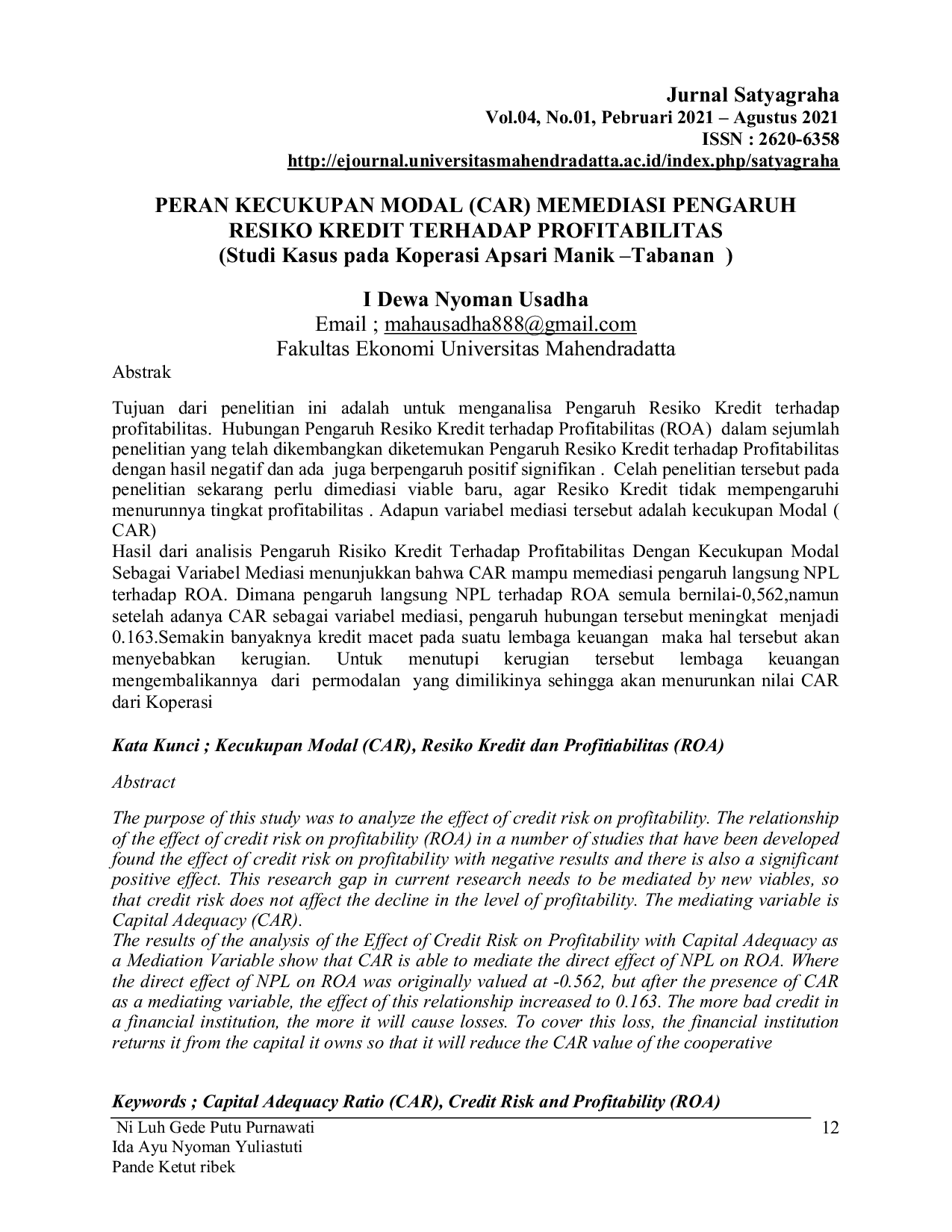 JURIS Peran Kecukupan Modal CAR Memediasi Pengaruh Risiko Kredit Terhadap Profitabilitas