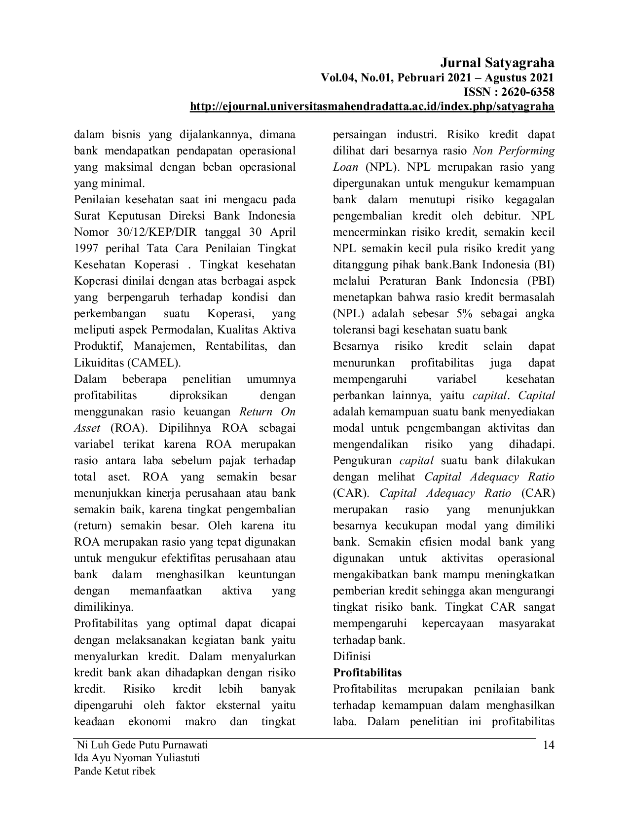 JURIS Peran Kecukupan Modal CAR Memediasi Pengaruh Risiko Kredit Terhadap Profitabilitas