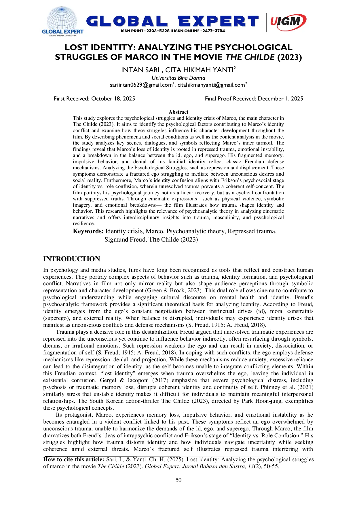 JURIS Lost Identity Analyzing The Psychological Struggles of Marco in The Movie The Childe 2023