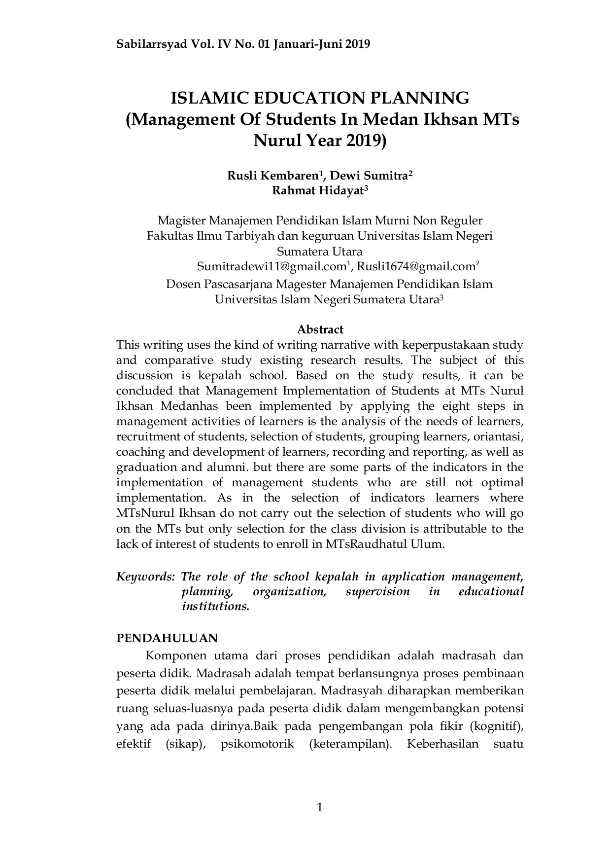 JURIS ISLAMIC EDUCATION PLANNING Management Of Students In Medan Ikhsan MTs Nurul Year 2019