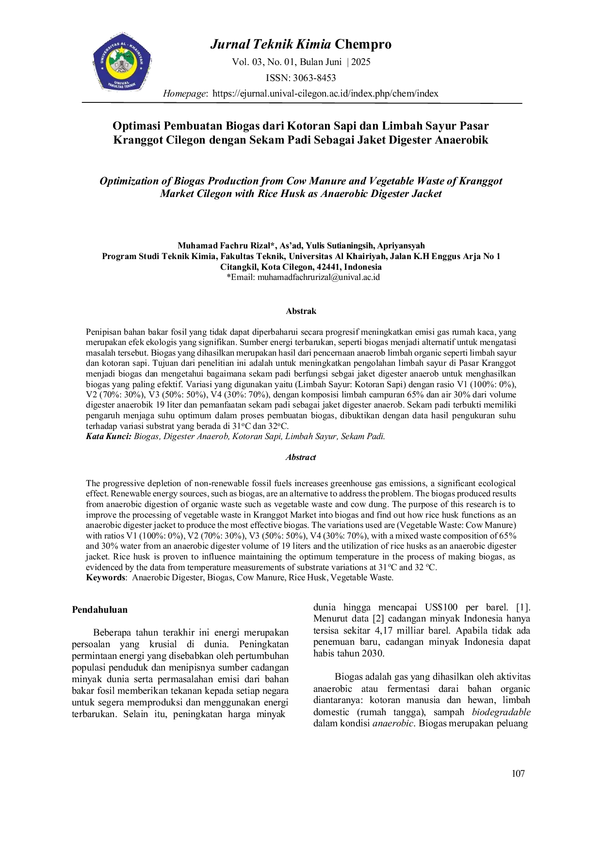 JURIS Optimasi Pembuatan Biogas dari Kotoran Sapi dan Limbah Sayur Pasar Kranggot Cilegon dengan Sekam Padi Sebagai Jaket Digester Anaerobik