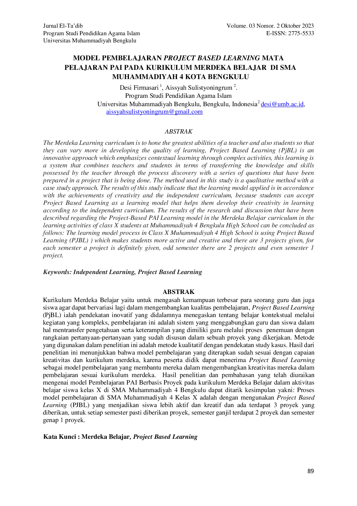JURIS Model Pembelajaran Project Based Learning Mata Pelajaran Pai Pada Kurikulum Merdeka Belajar Di Sma Muhammadiyah 4 Kota Bengkulu