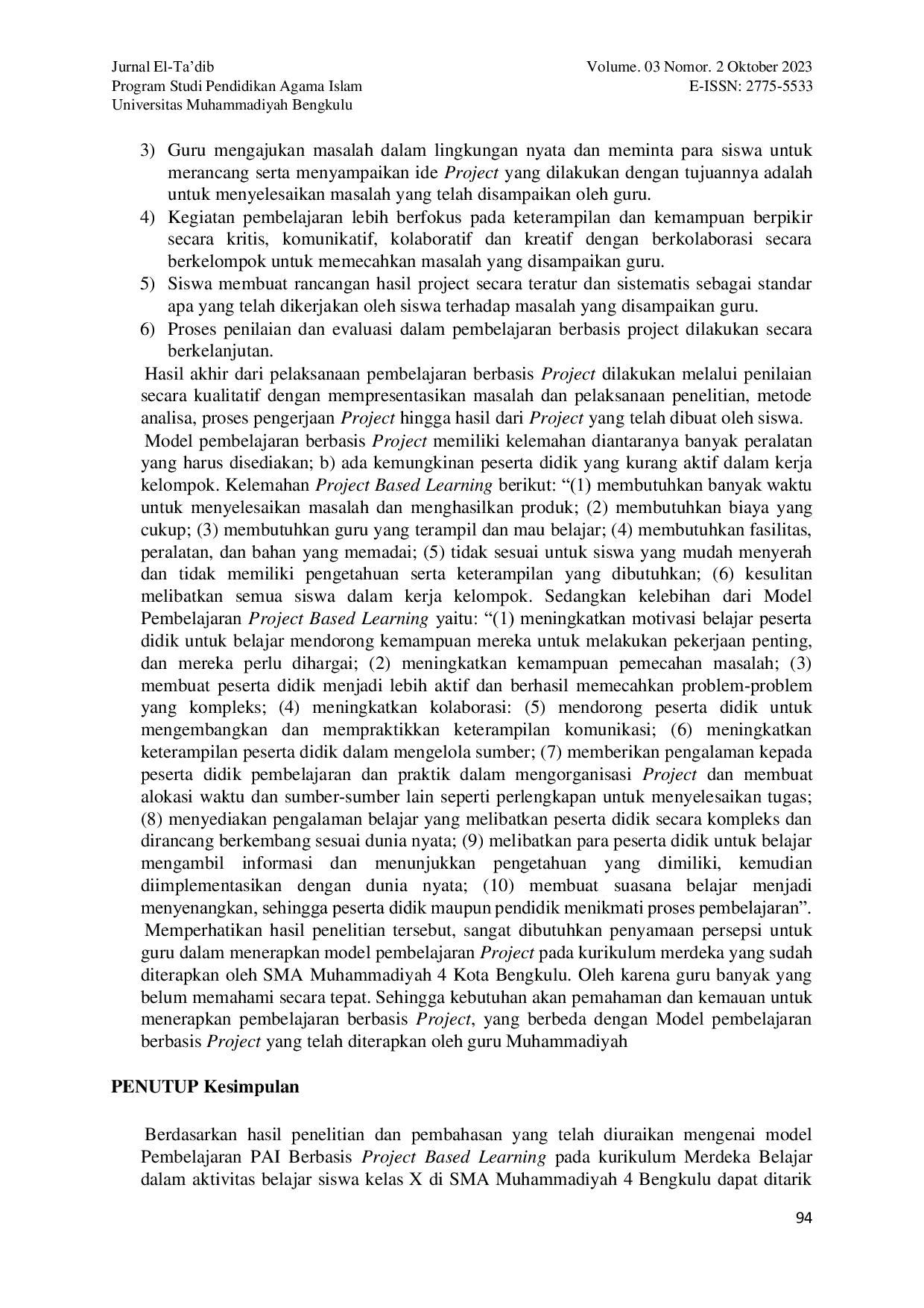 JURIS Model Pembelajaran Project Based Learning Mata Pelajaran Pai Pada Kurikulum Merdeka Belajar Di Sma Muhammadiyah 4 Kota Bengkulu