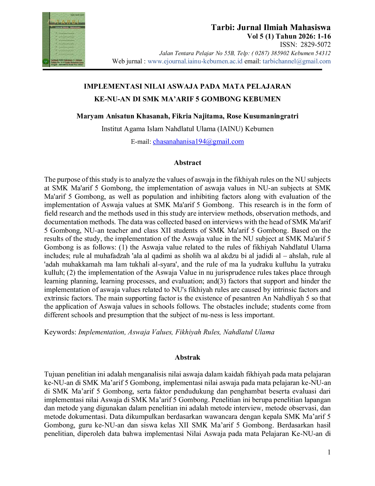 JURIS Implementasi Nilai Aswaja Pada Mata Pelajaran Ke NU an di SMK Ma arif 5 Gombong Kebumen