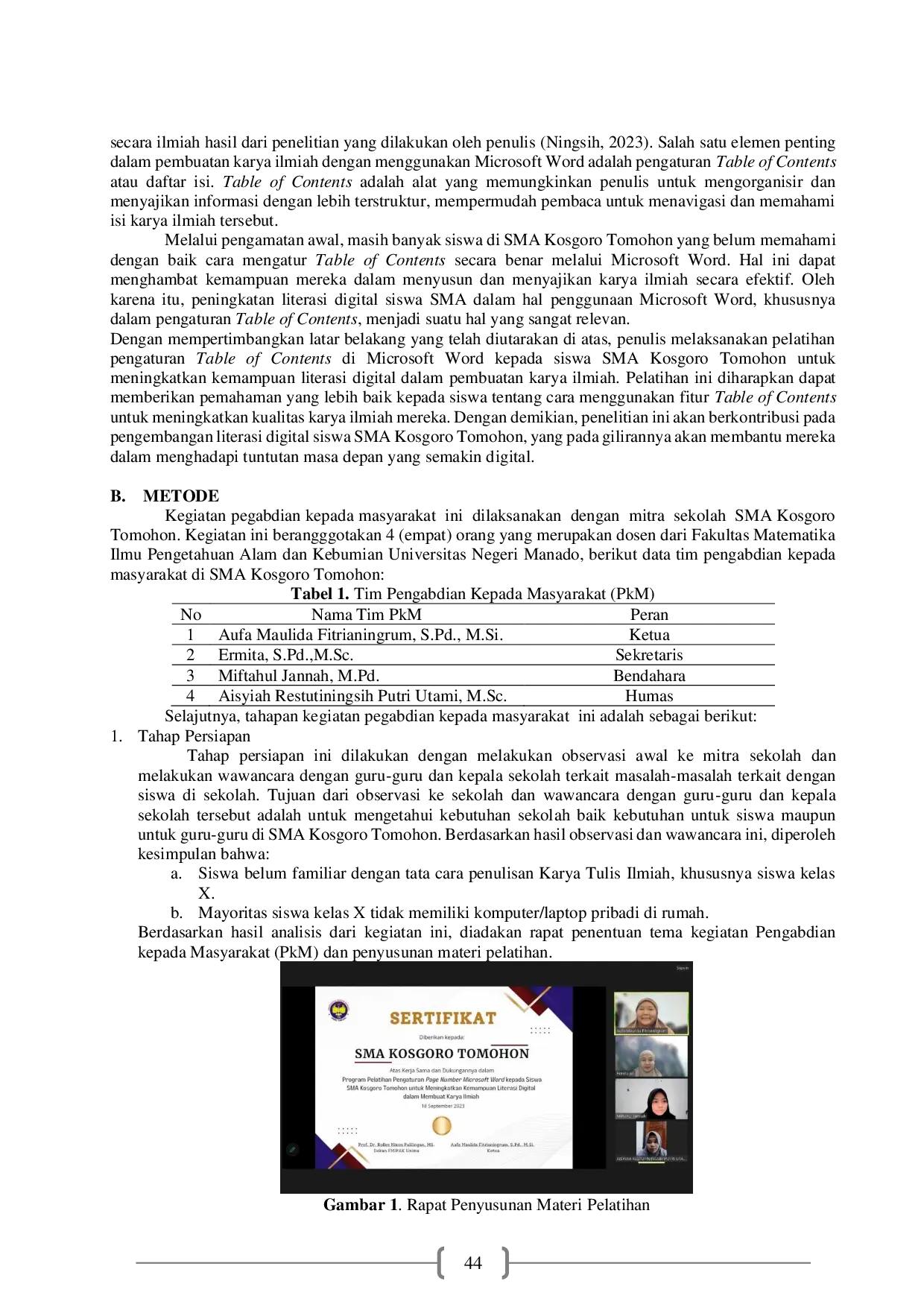 JURIS Pelatihan Pengaturan Table of Contents di Microsoft Word kepada Siswa SMA Kosgoro Tomohon untuk Meningkatkan Kemampuan Literasi Digital dalam Pembuatan Karya Tulis Ilmiah