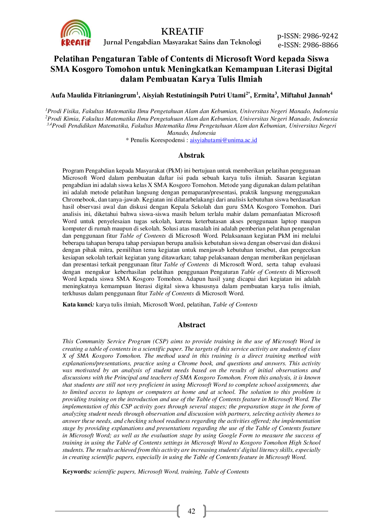JURIS Pelatihan Pengaturan Table of Contents di Microsoft Word kepada Siswa SMA Kosgoro Tomohon untuk Meningkatkan Kemampuan Literasi Digital dalam Pembuatan Karya Tulis Ilmiah