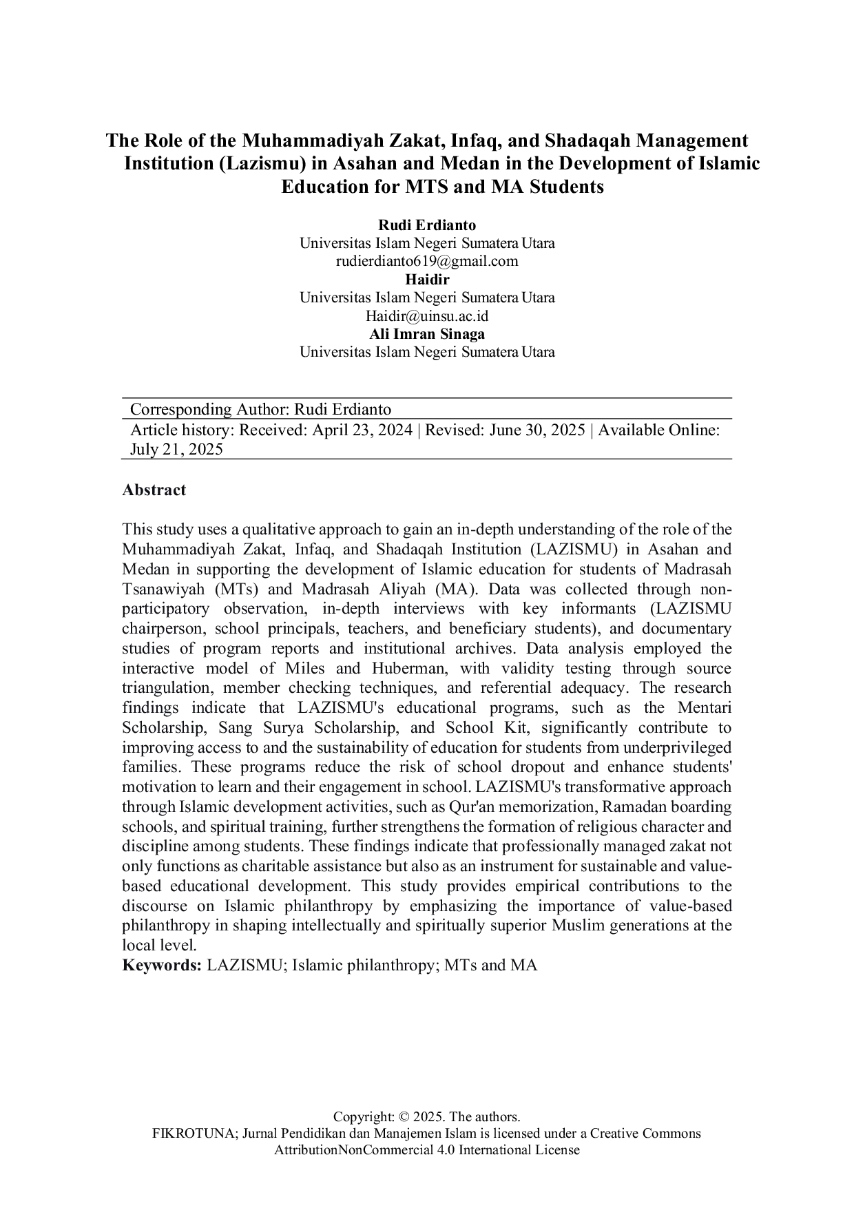 JURIS Peran Lembaga Amil Zakat Infaq Shadaqah Muhammadiyah Lazismu Asahan dan Medan dalam Pengembangan Pendidikan Islam Bagi Siswa MTS dan MA