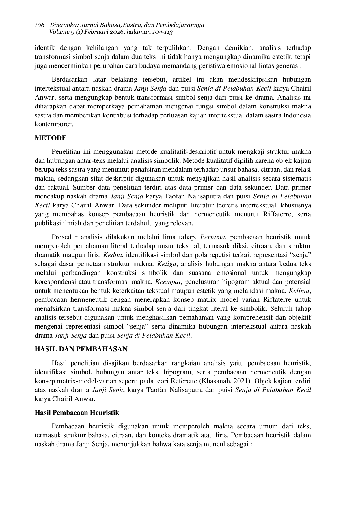 JURIS Senja dalam Intertekstualitas Riffaterre pada Naskah Drama Janji Senja dan Puisi Senja di Pelabuhan Kecil