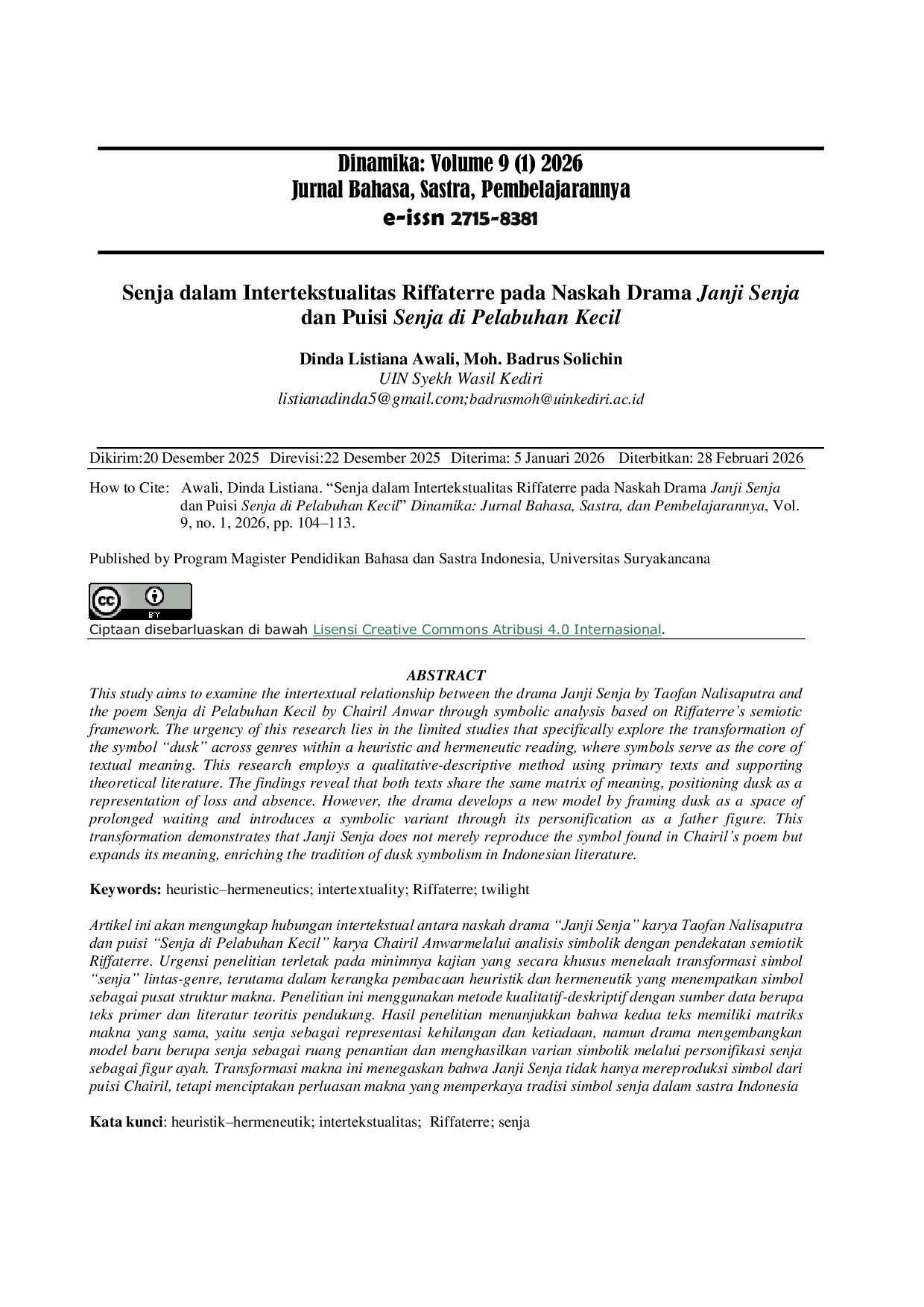 JURIS Senja dalam Intertekstualitas Riffaterre pada Naskah Drama Janji Senja dan Puisi Senja di Pelabuhan Kecil