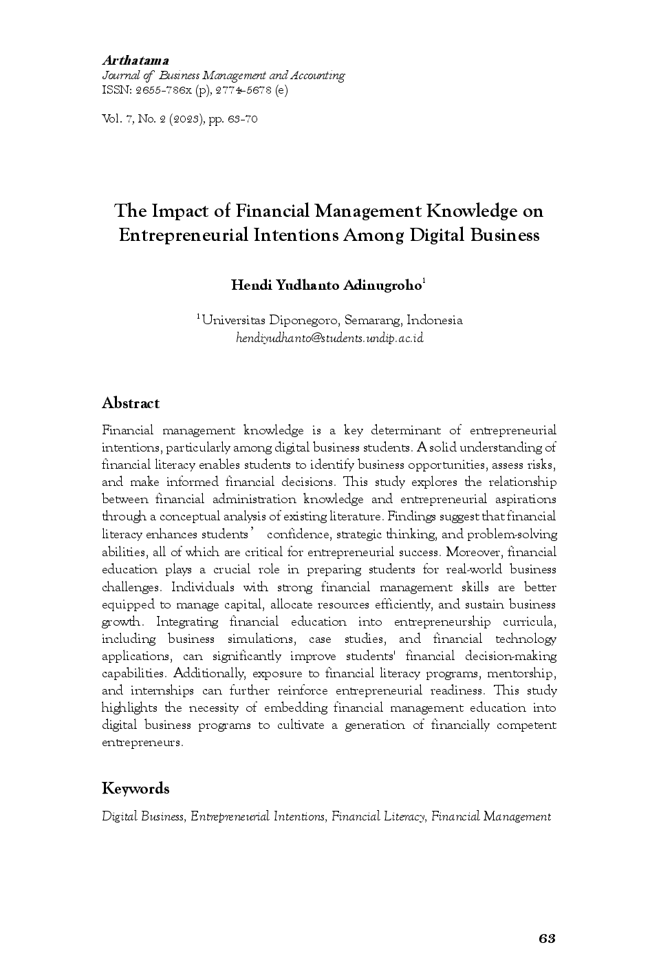 juris The Impact of Financial Management Knowledge on Entrepreneurial Intentions Among Digital Business