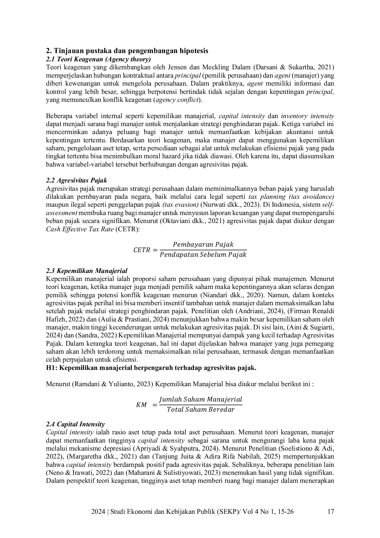 JURIS Pengaruh Kepemilikan Manajerial Capital Intensity Dan Inventory Intensity Terhadap Agresivitas Pajak