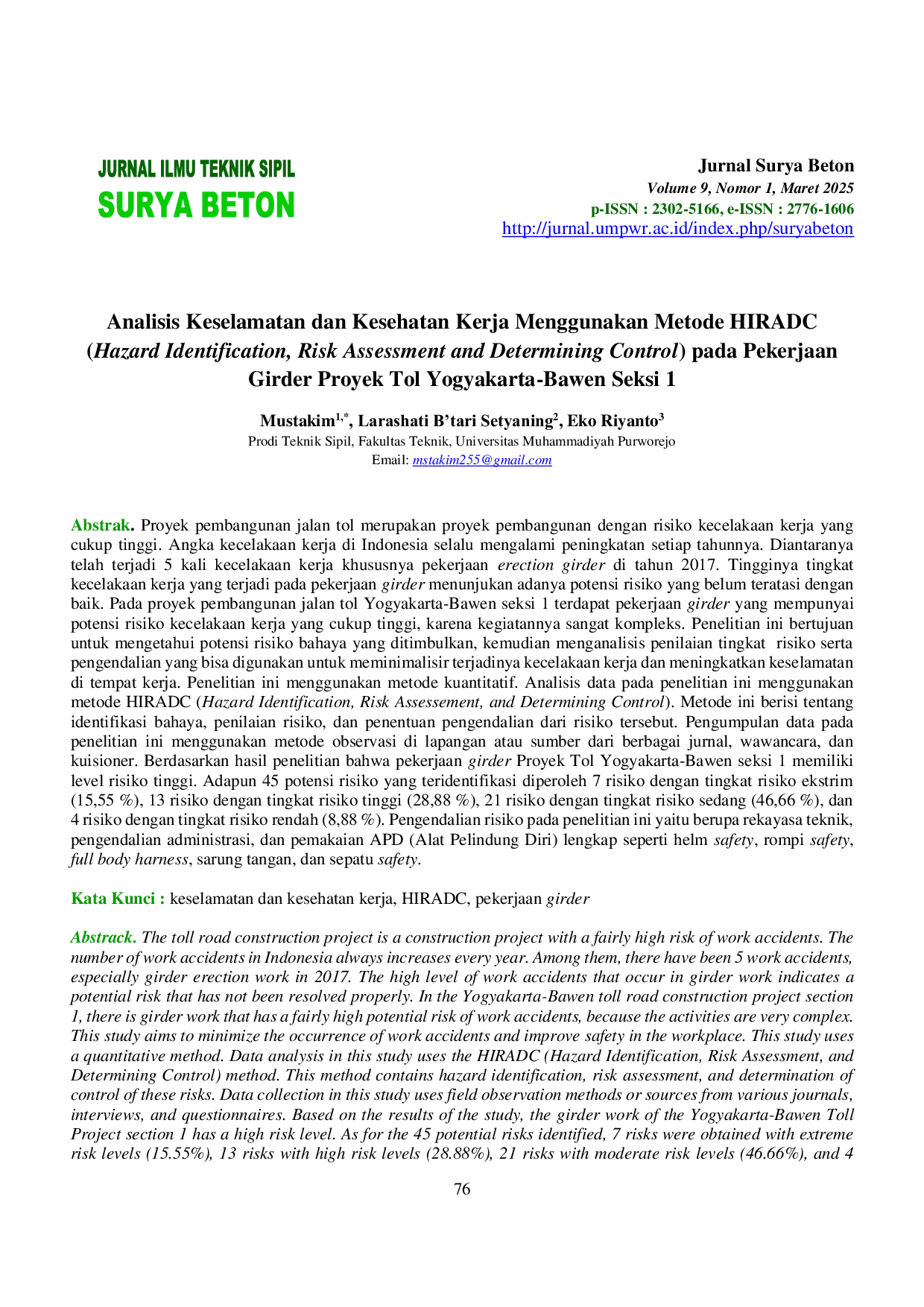 JURIS Analisis Keselamatan dan Kesehatan Kerja Menggunakan Metode HIRADC Hazard Identification Risk Assessment and Determining Control pada Pekerjaan Girder Proyek Tol Yogyakarta Bawen Seksi 1