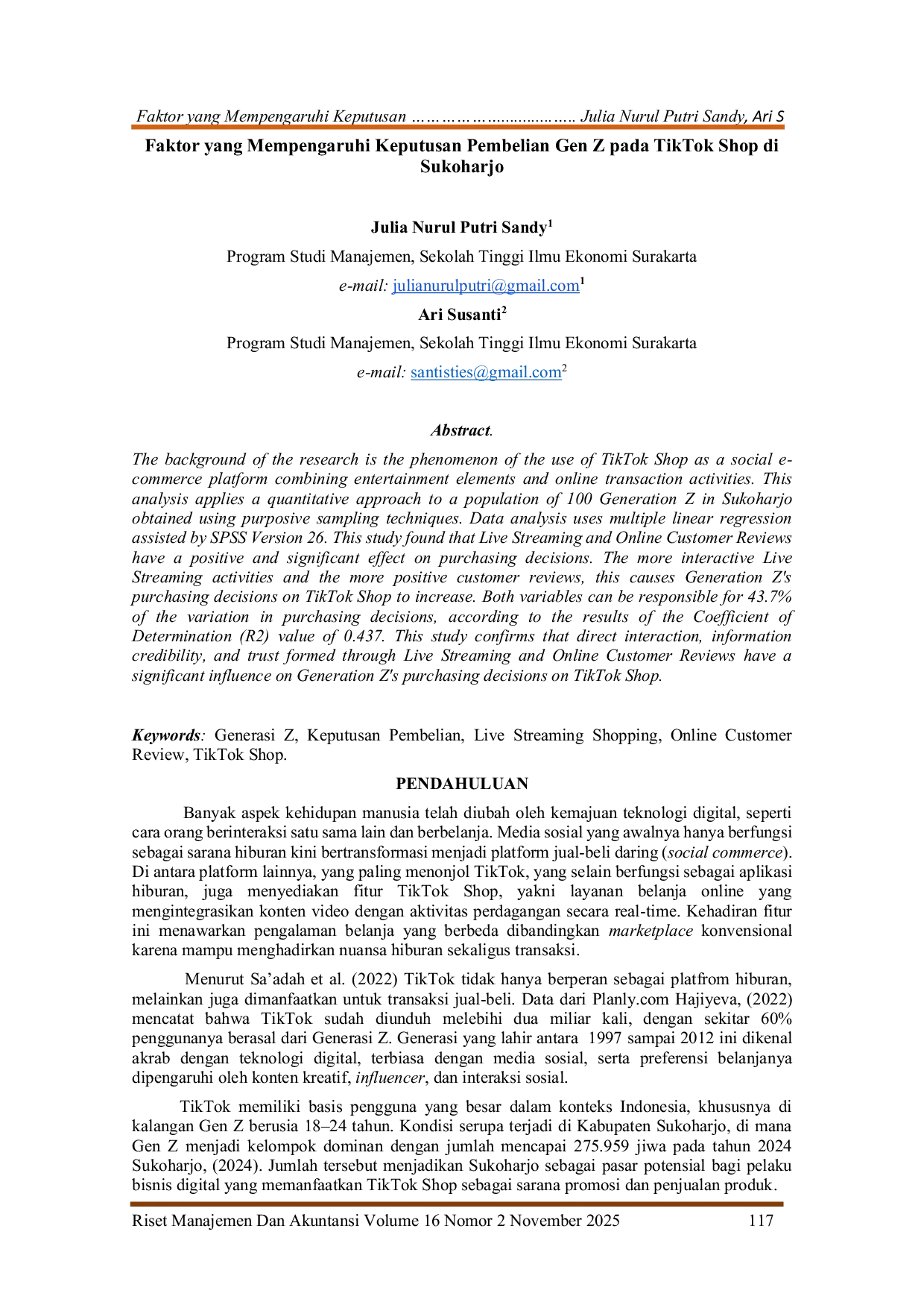 JURIS Faktor yang Mempengaruhi Keputusan Pembelian Gen Z pada TikTok Shop di Sukoharjo