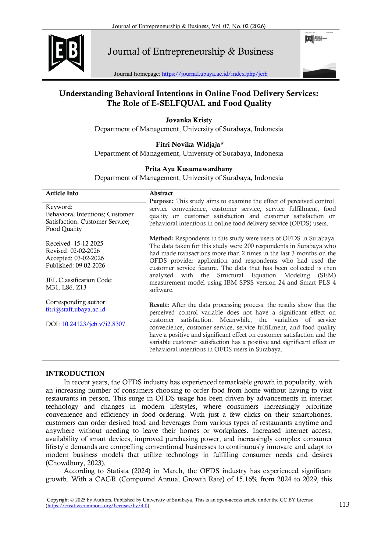 JURIS Understanding Behavioral Intentions in Online Food Delivery Services The Role of E SELFQUAL and Food Quality