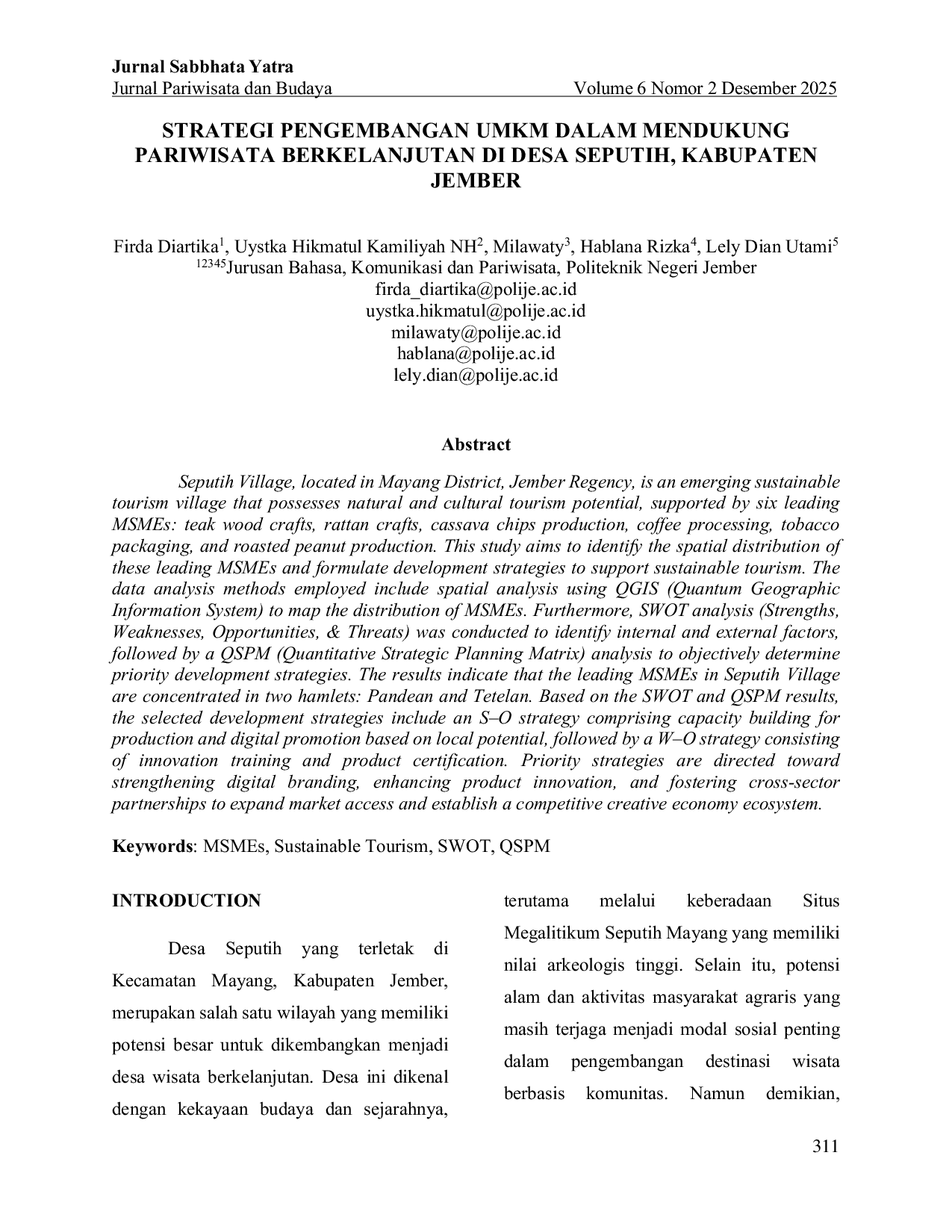 JURIS Strategi Pengembangan UMKM dalam Mendukung Pariwisata Berkelanjutan di Desa Seputih Kabupaten Jember
